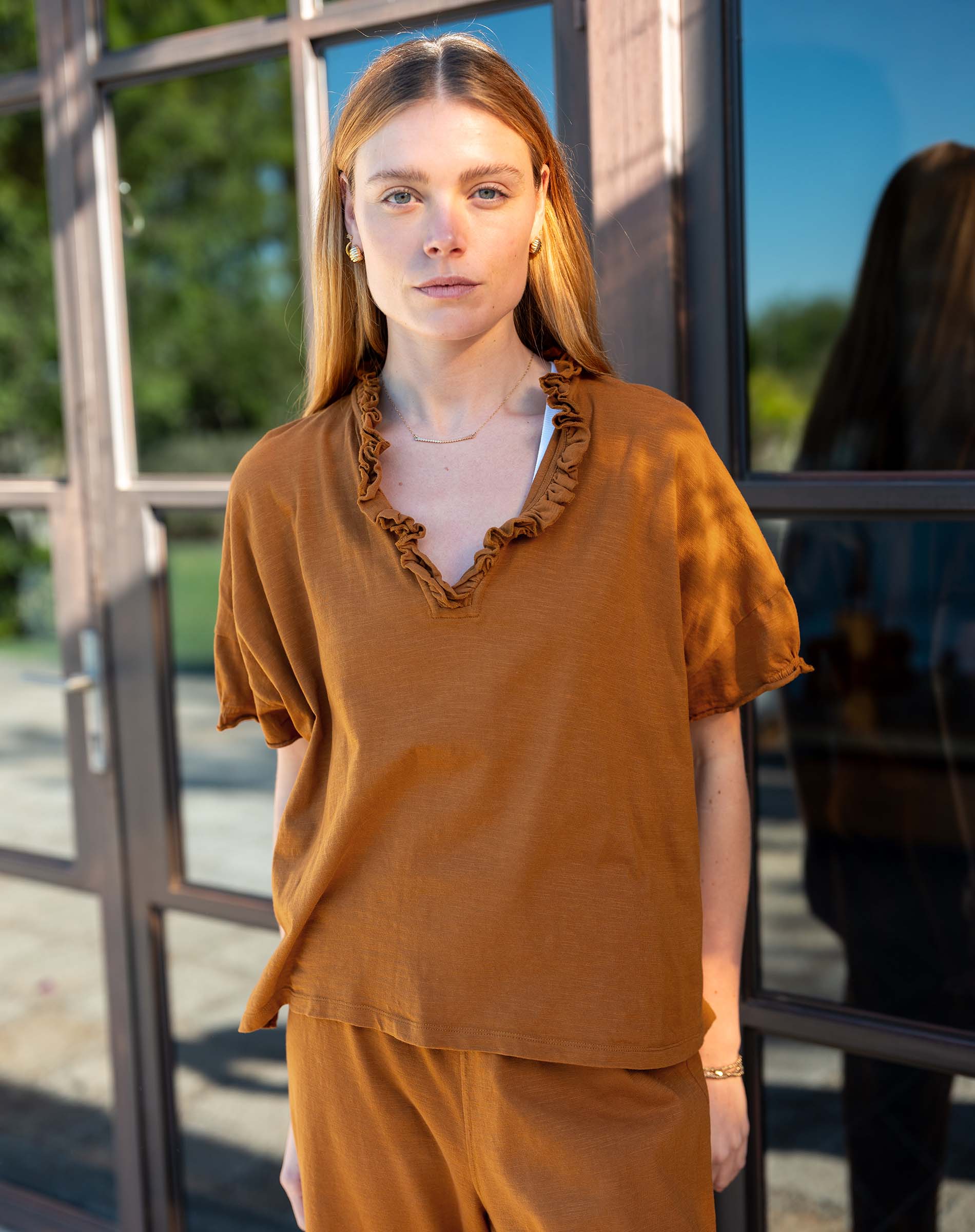 Women's Brown Short Sleeve Ruffle Tee