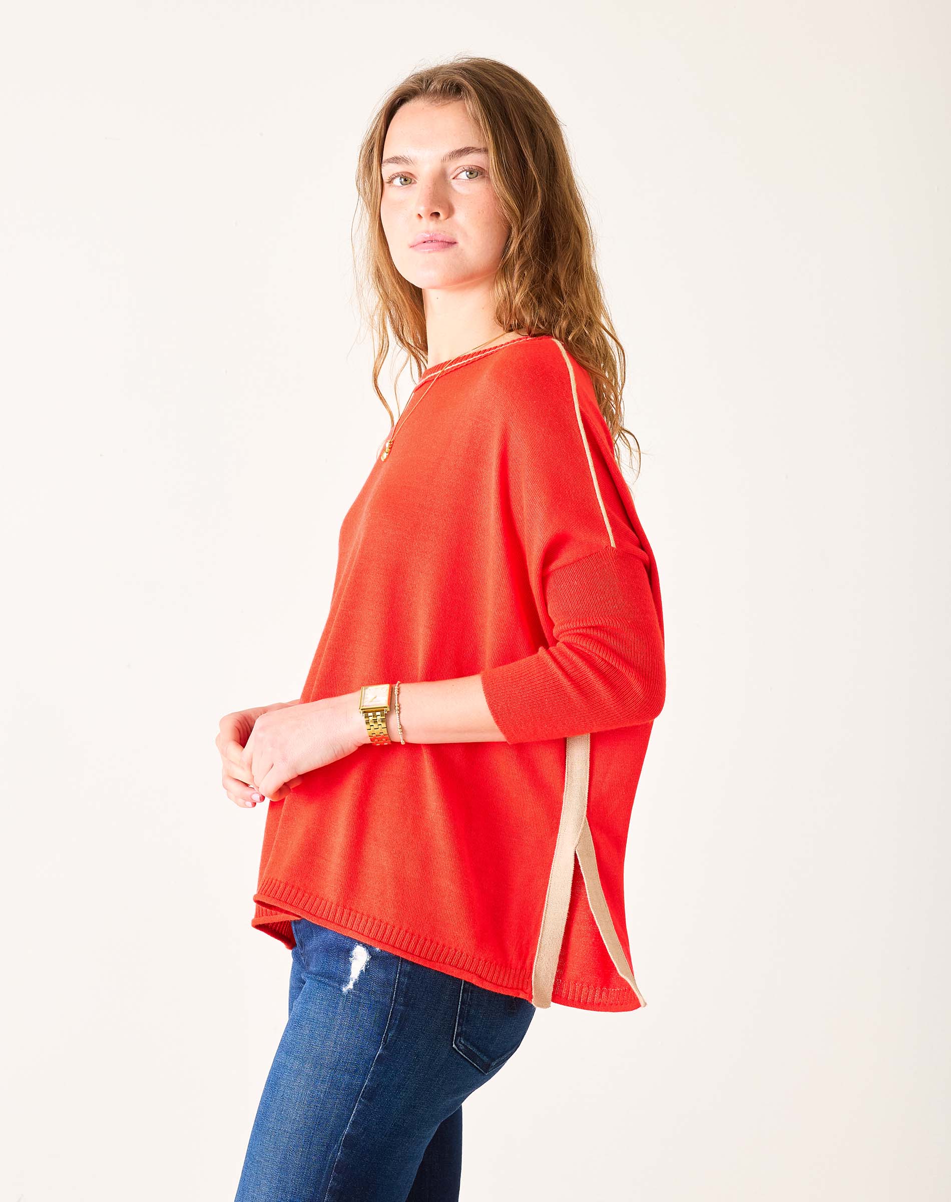 Women's Red Tan Contrast Oversized Sweater