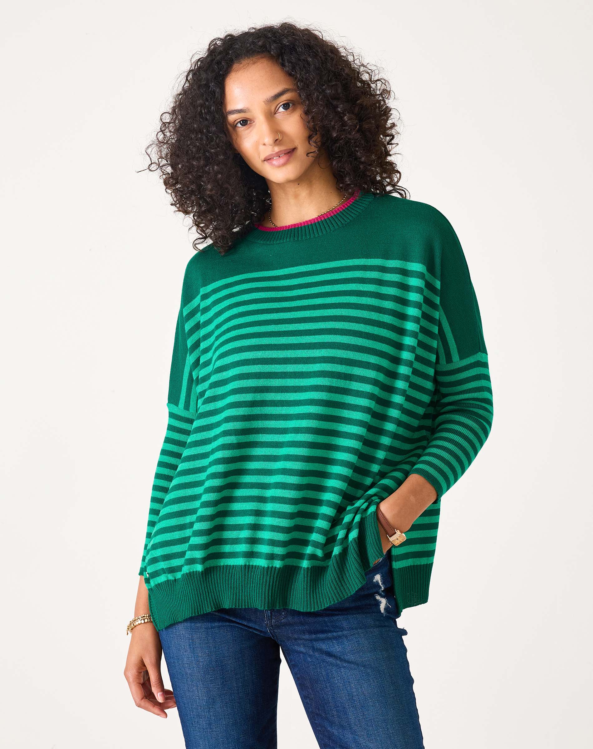 Women's Green Striped Oversized Sweater