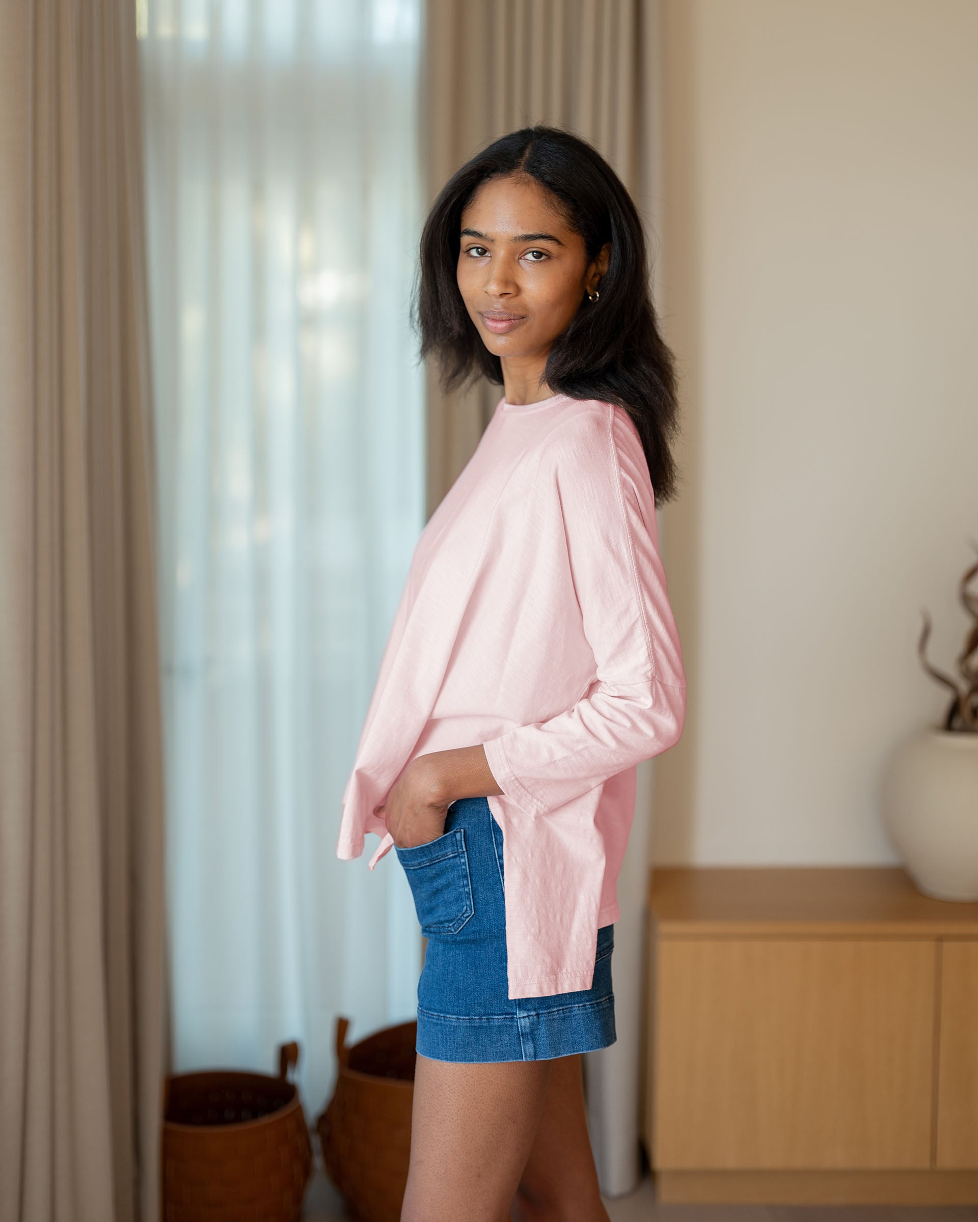 Women's Light Pink Slub Tee One Size Side Slits