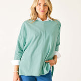 Woman wearing a light green sweater with white cuffs and collar on a white background