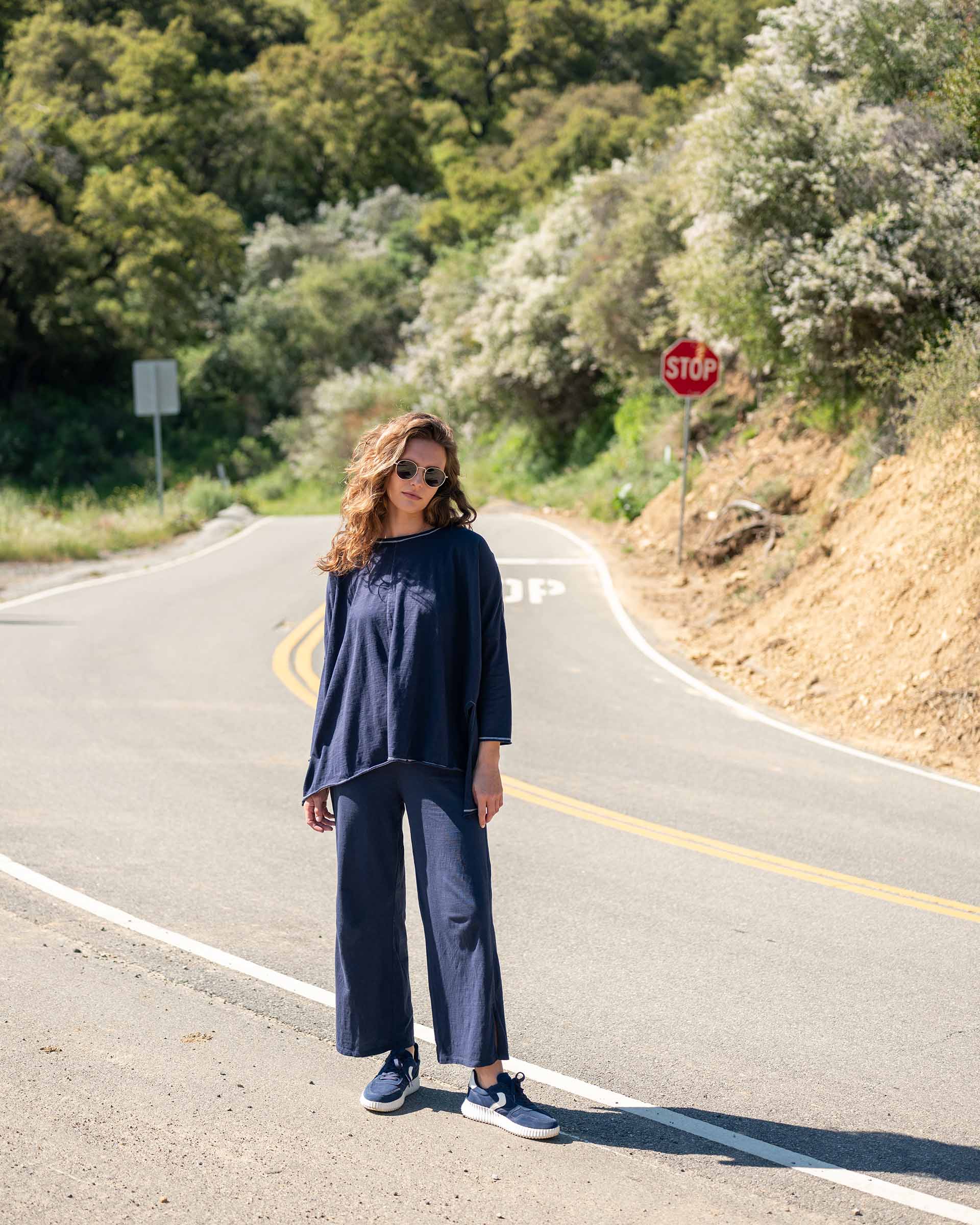 Women's Navy Slub Tee One Size Side Slits