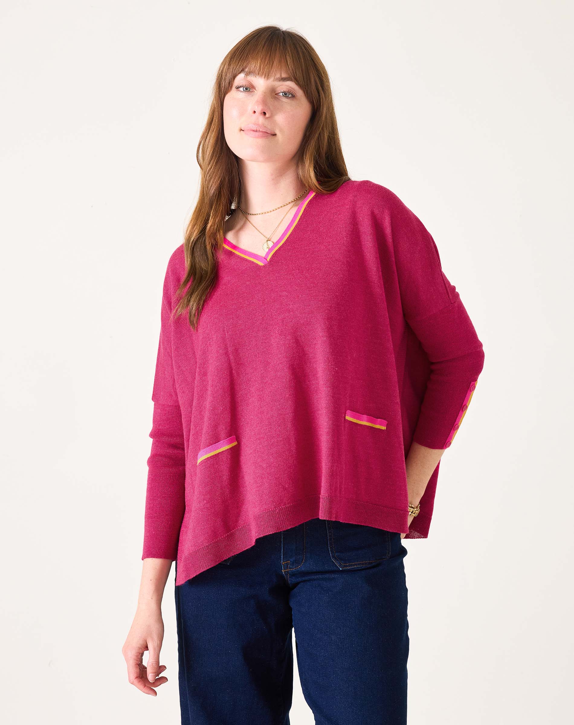 Women's Dark Pink Vneck Oversized Sweater