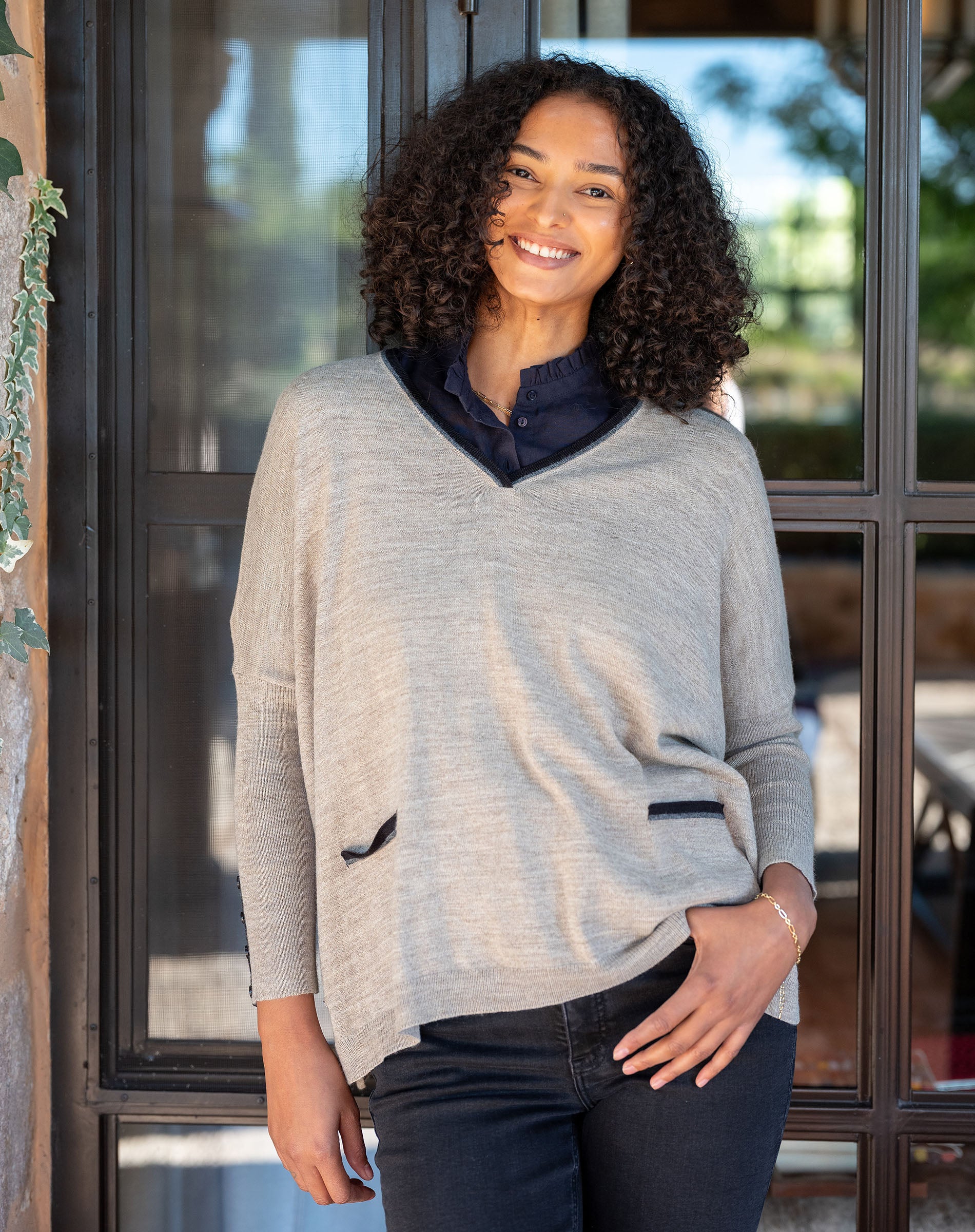Women's Neutral Vneck Oversized Sweater