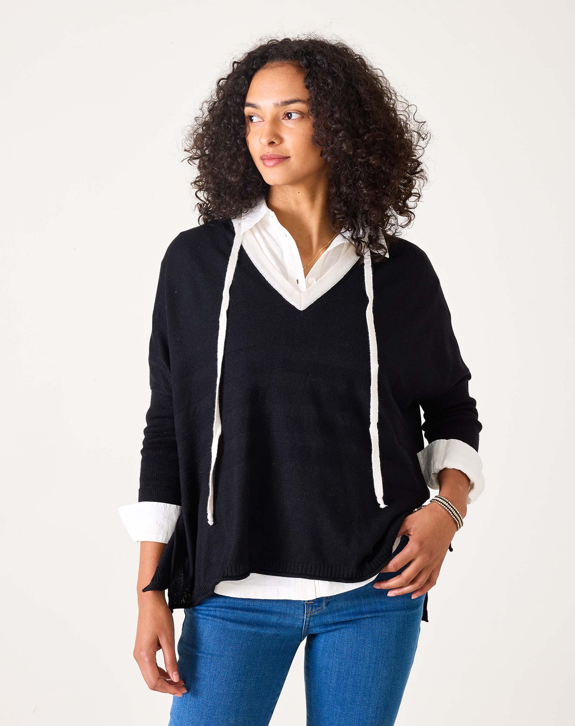 Women's Black Vneck Hoodie Sweater