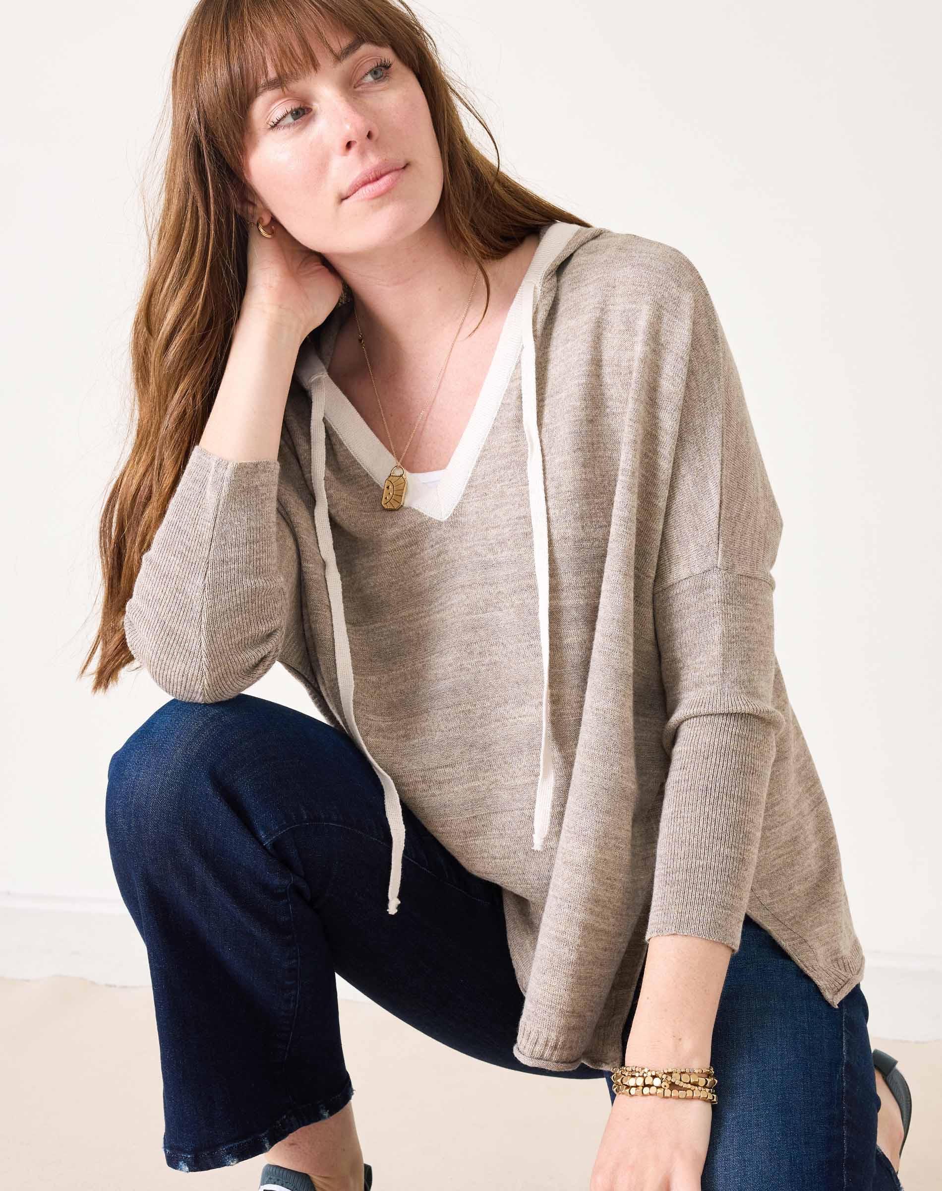 Women's Beige Vneck Hoodie Sweater