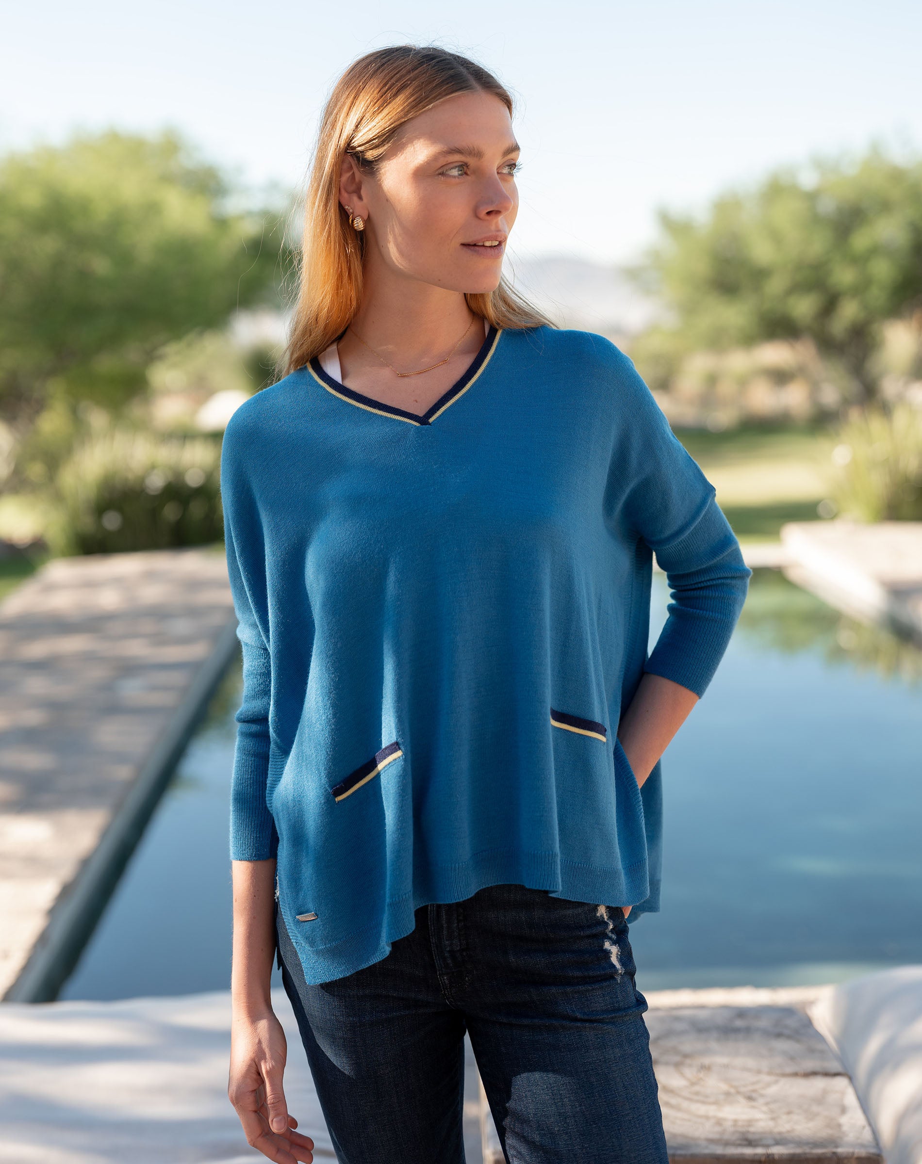 Women's Bright Blue Vneck Oversized Sweater