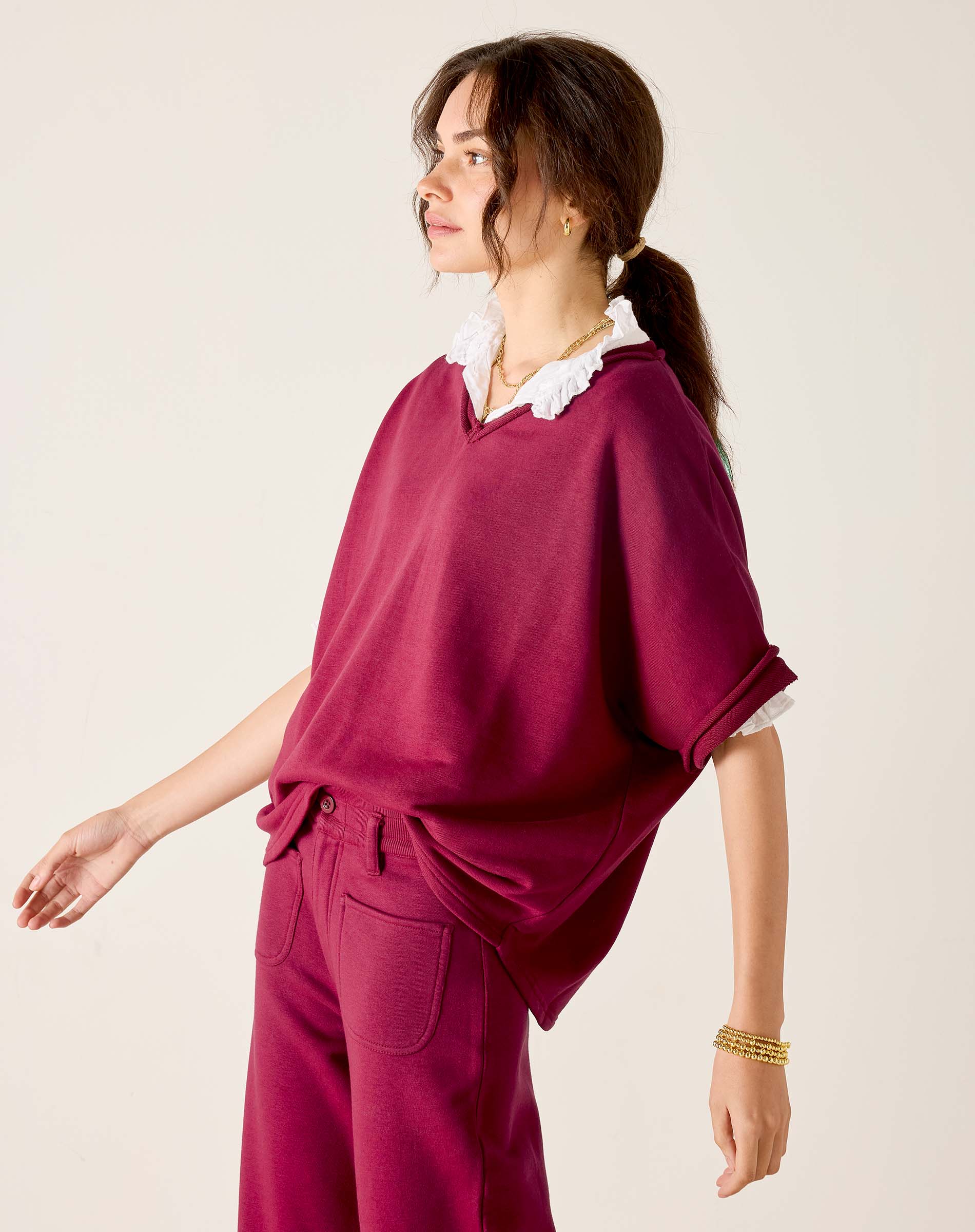 Frenchie Raw Edge V-Neck Sweatshirt