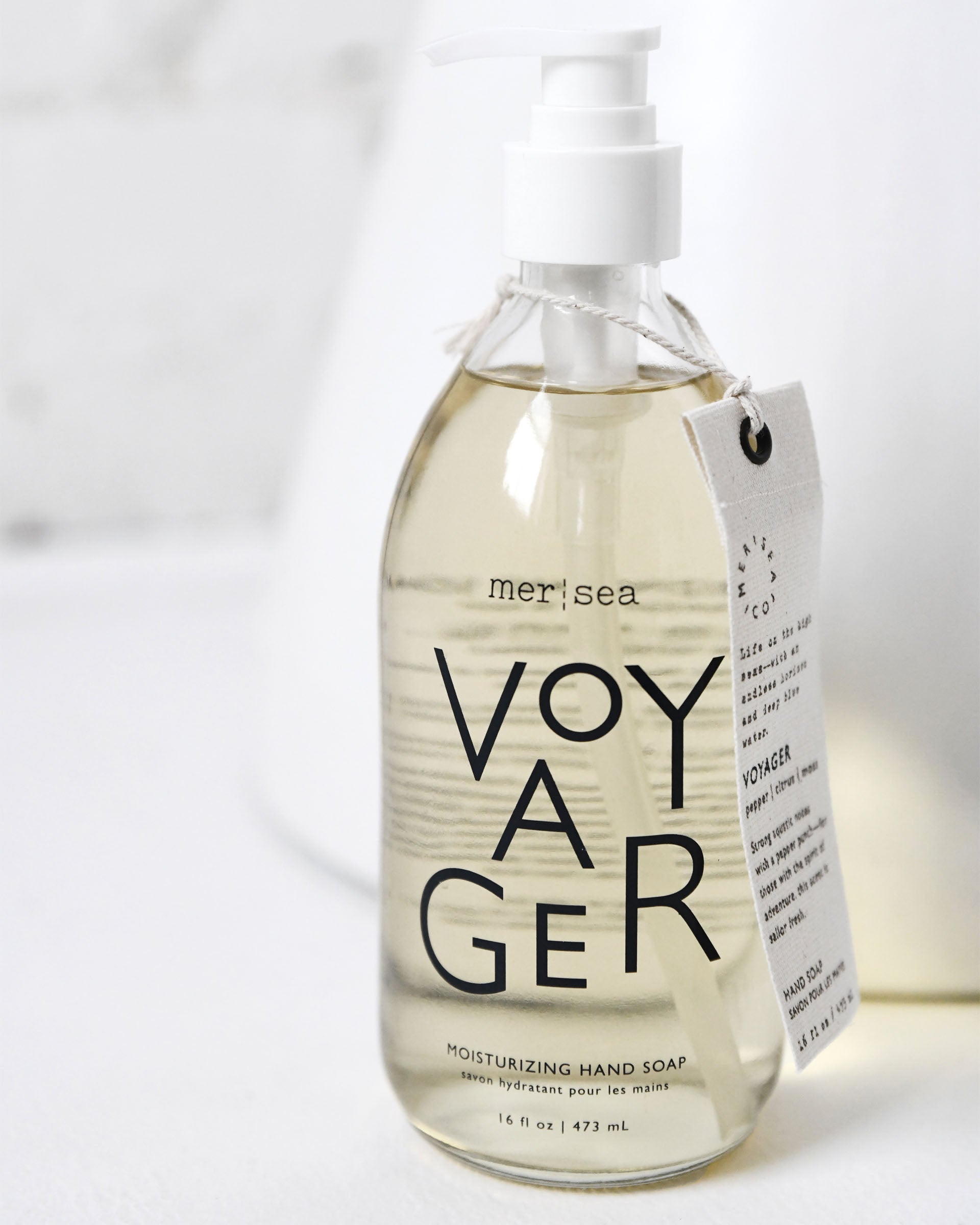 large voyager liquid hand soap sitting on white counter