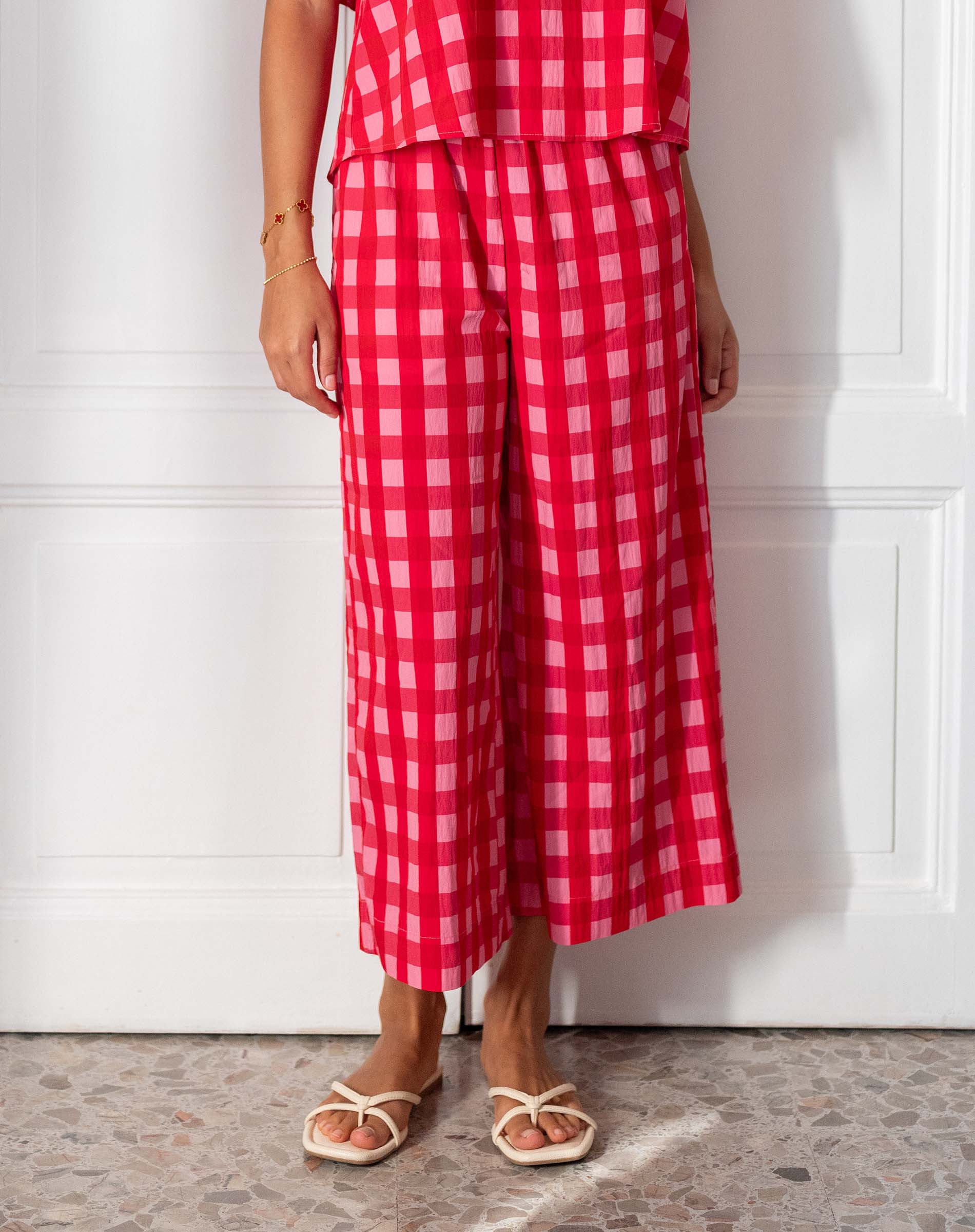 Women's Pink Checkered Flowy Pants