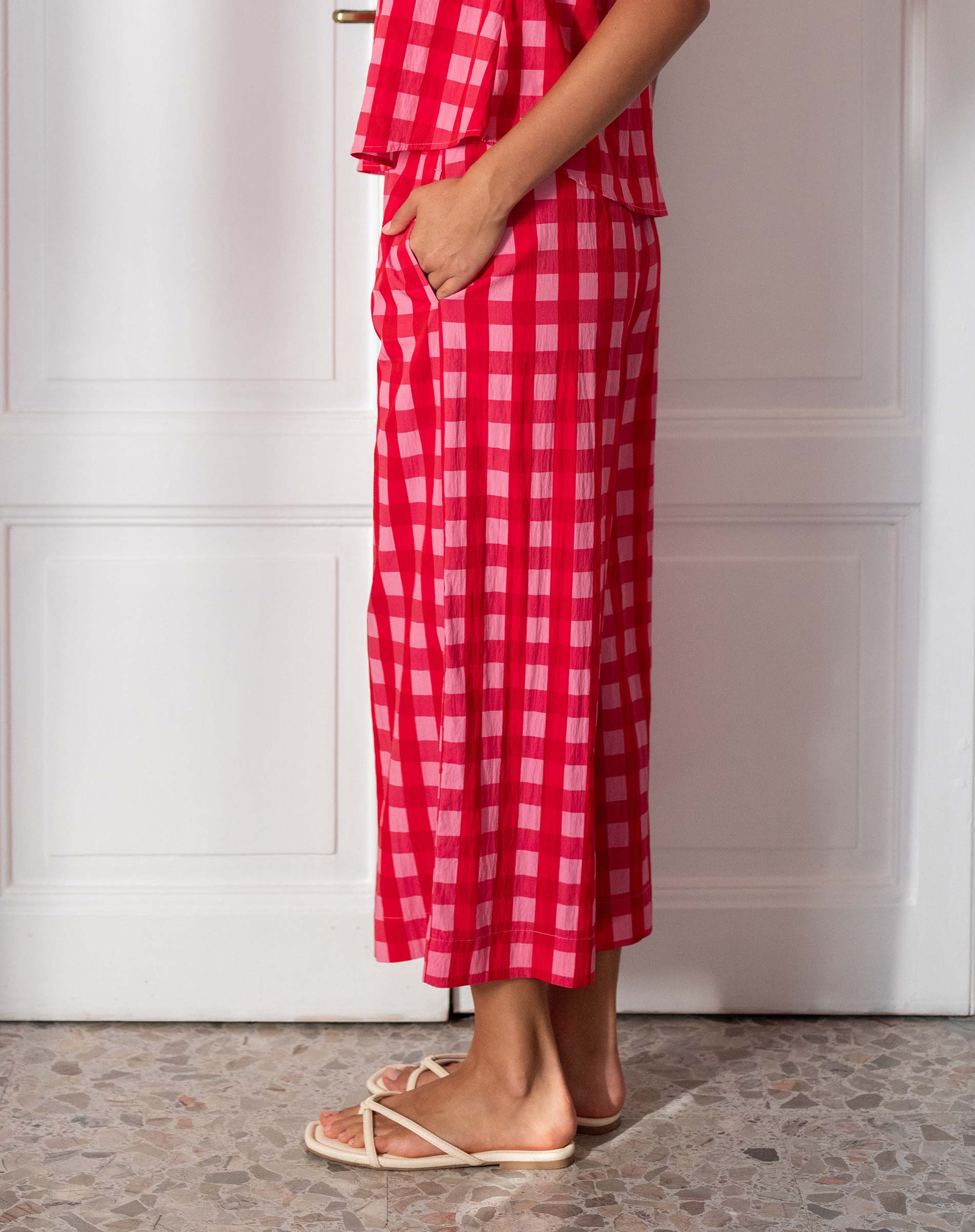 Women's Pink Checkered Flowy Pants
