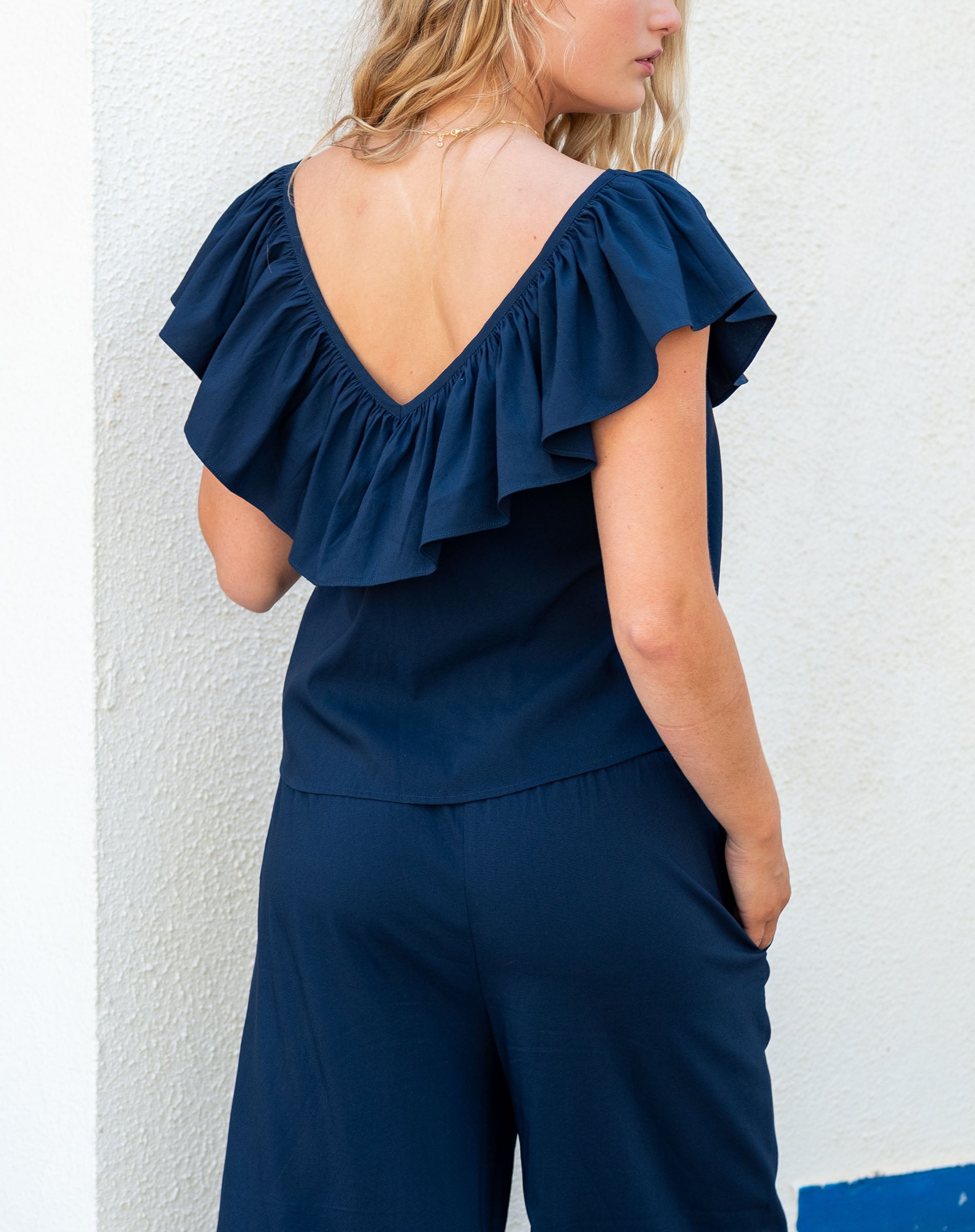 Women's Navy Ruffle Top