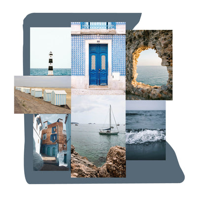 Collage of beach, ocean and blue doors
