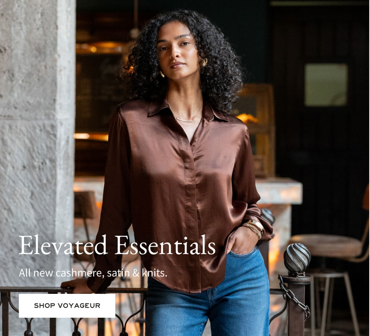 Woman wearing a brown satin shirt and blue jeans in an indoor setting with text overlay.