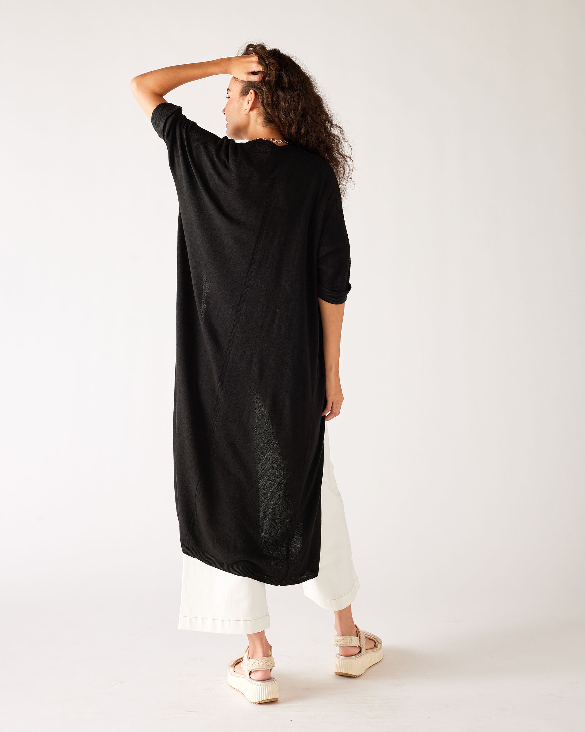 Womens Black Lightweight Cuffed Elbow Length Sleeves Duster Flowing Rear View Hand on Head