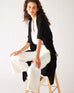 Womens Black Lightweight Cuffed Elbow Length Sleeves Duster Sitting Side View