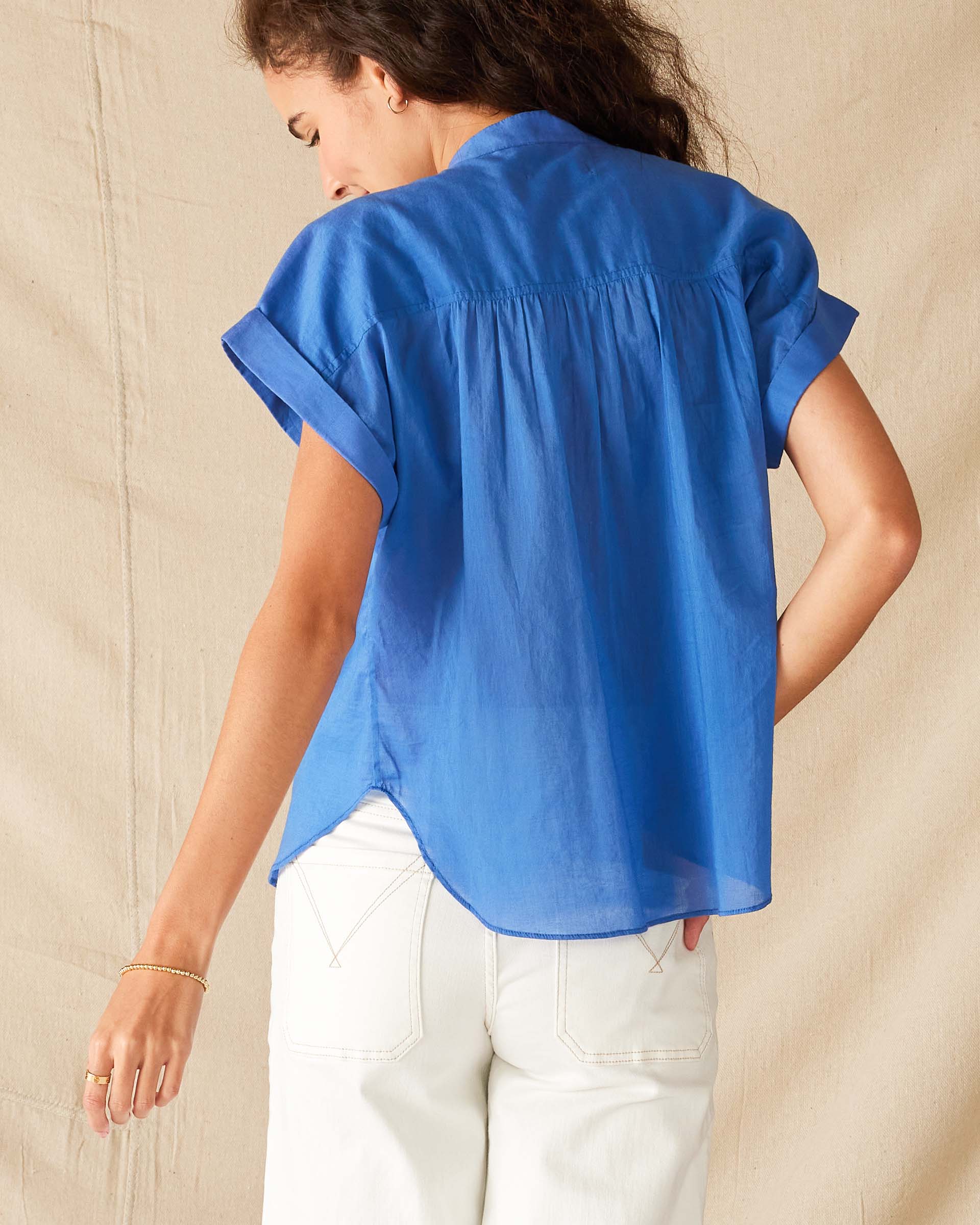 Women's Blue Lightweight Aphrodite Short Sleeve Button-up Shirt Rear View