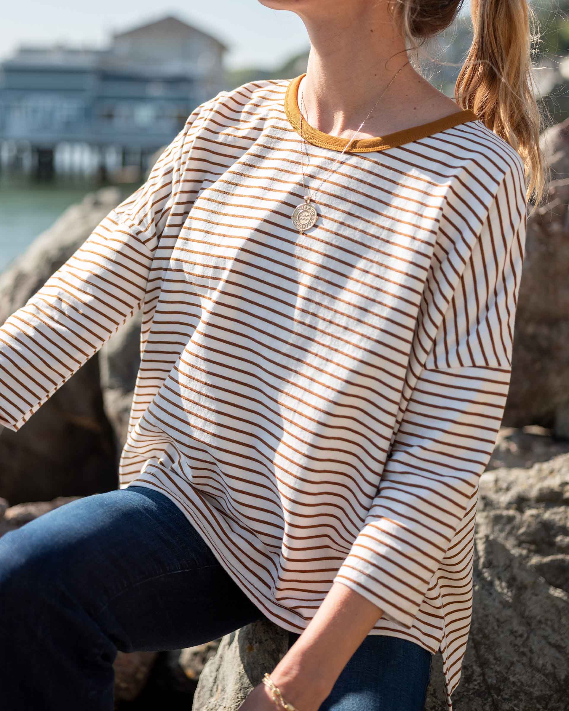 Women's Brown Striped Ringer Tee