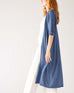 Womens Dark Blue Lightweight Cuffed Elbow Length Sleeves Duster Side View Stepping
