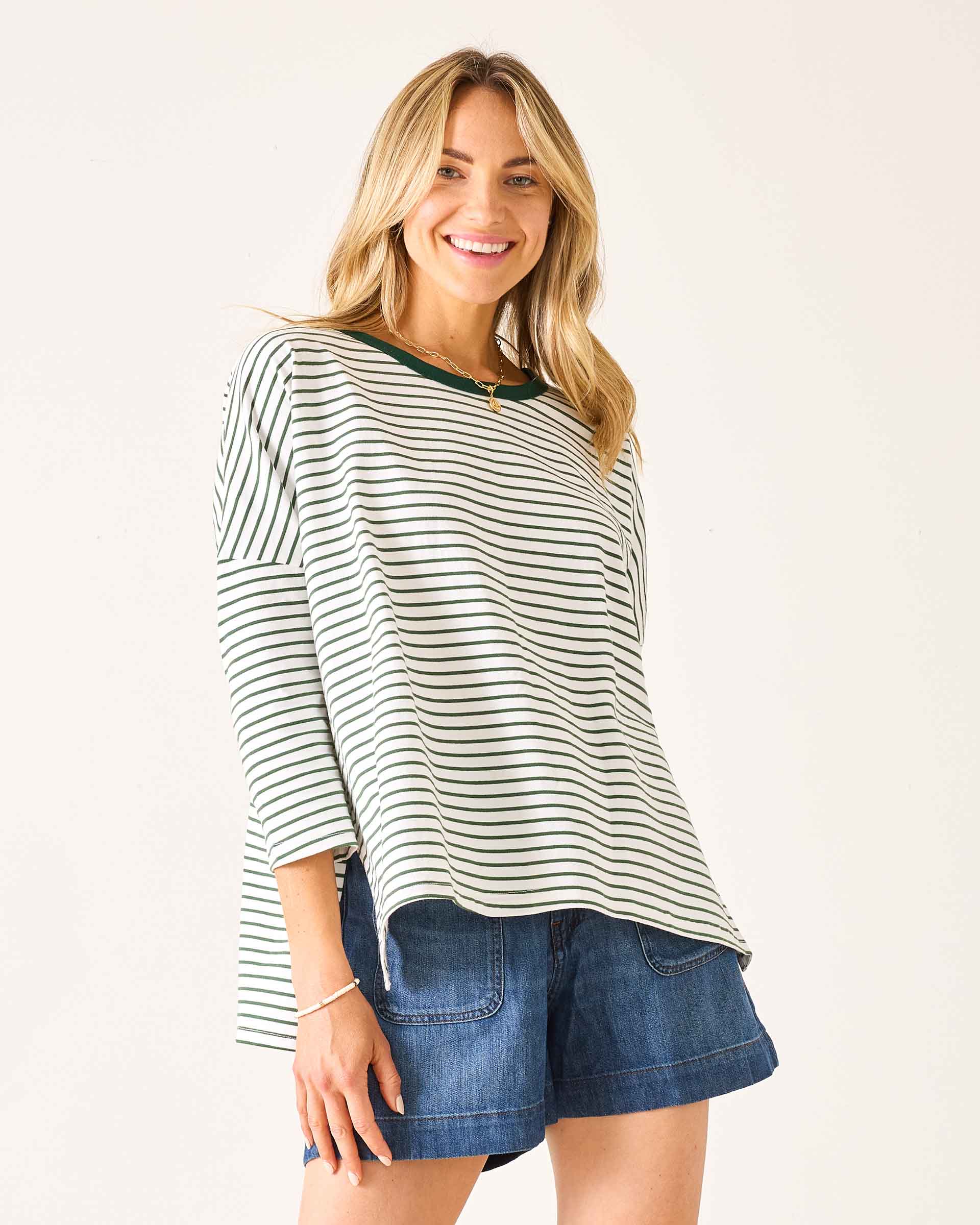 Women's Green Striped Ringer Tee