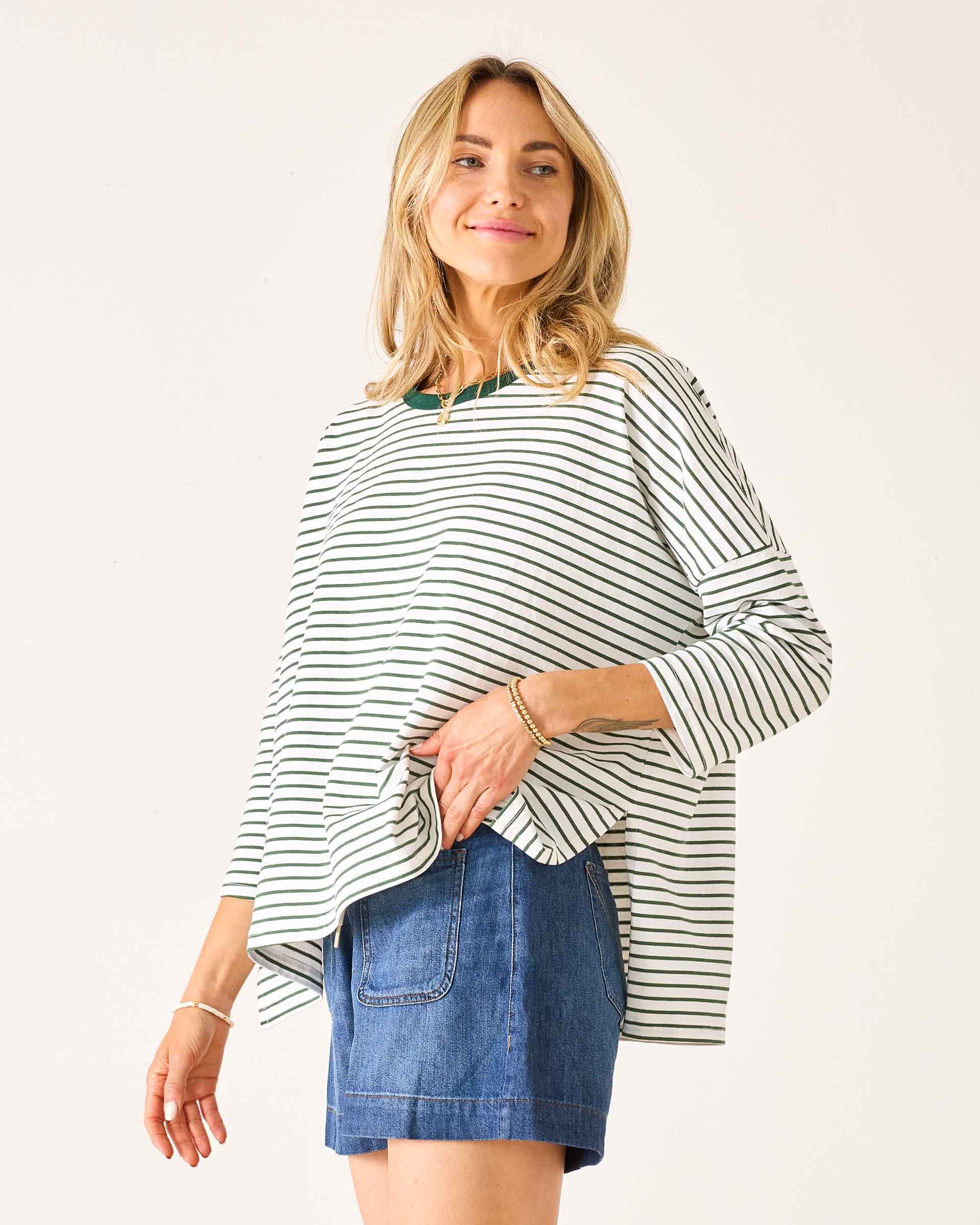 Women's Green Striped Ringer Tee