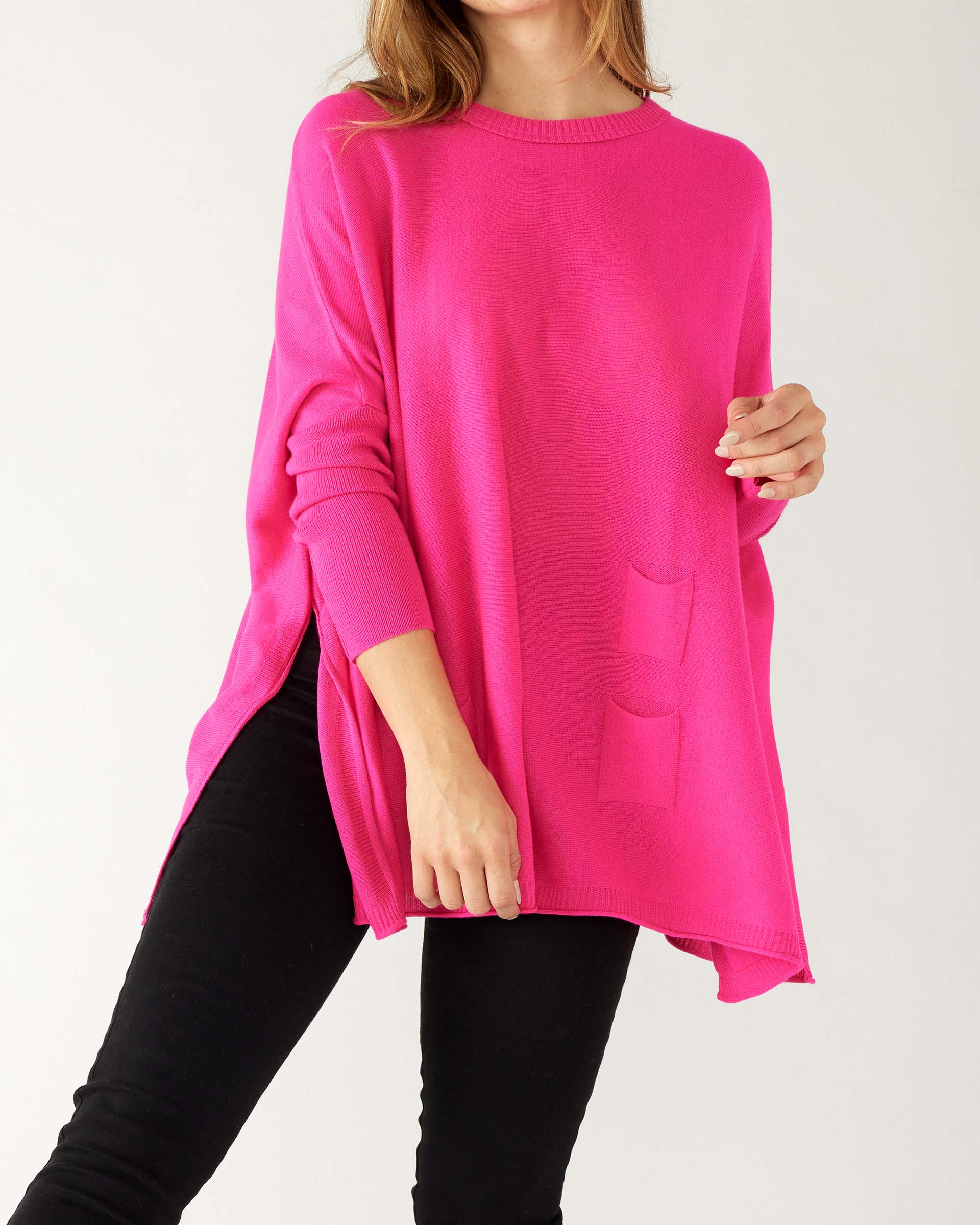 Women's Oversized Crewneck Knit Sweater in Hot Pink Chest View