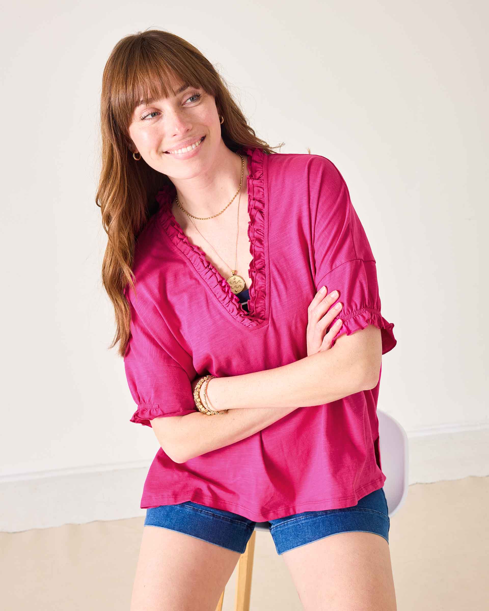 Women's Hot Pink Short Sleeve Ruffle Tee