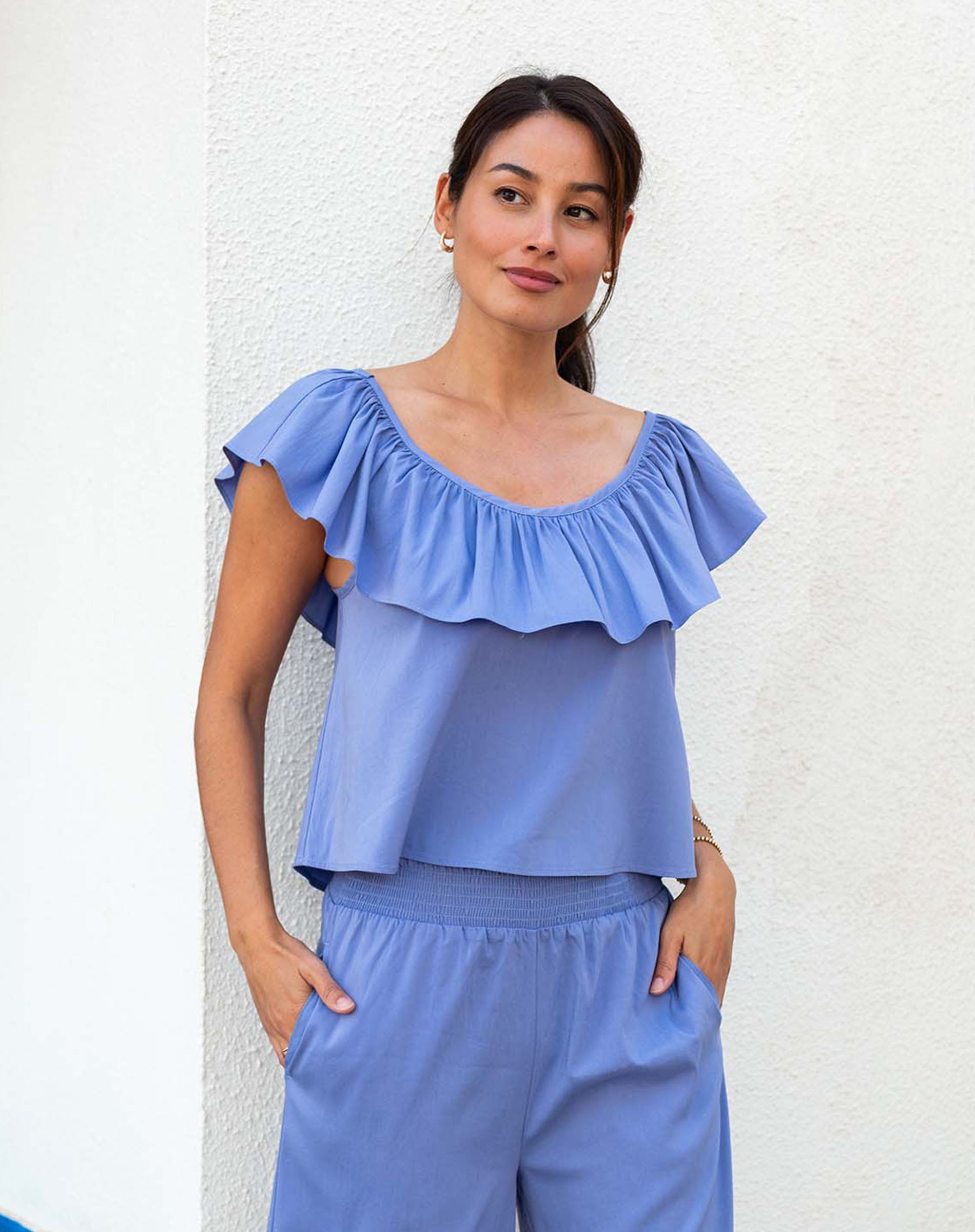 Women's Light Blue Ruffle Top