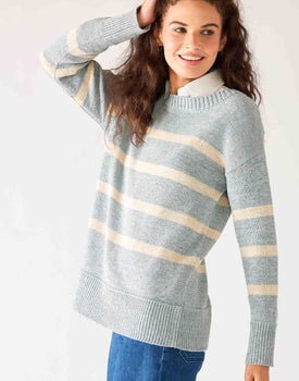 Women's Light Blue White Striped Heather Lightwieght Crewneck Seasider Sweater Front View