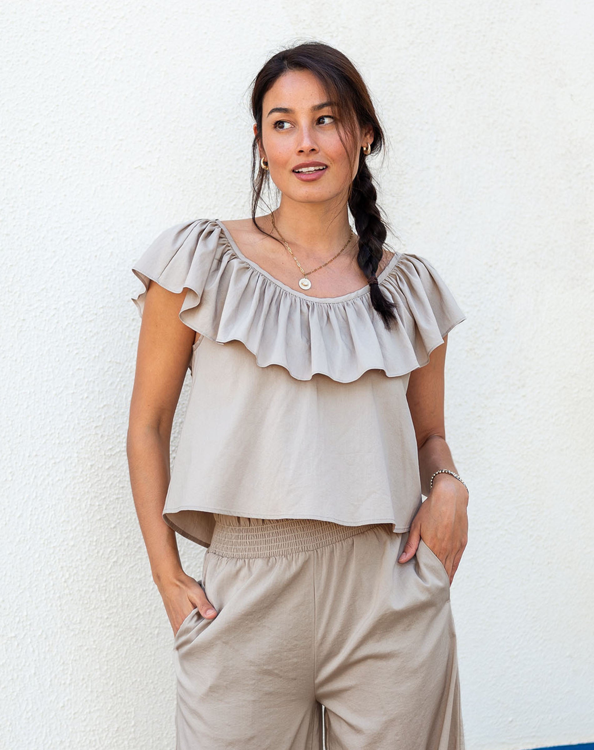 Women's Light Brown Ruffle Top