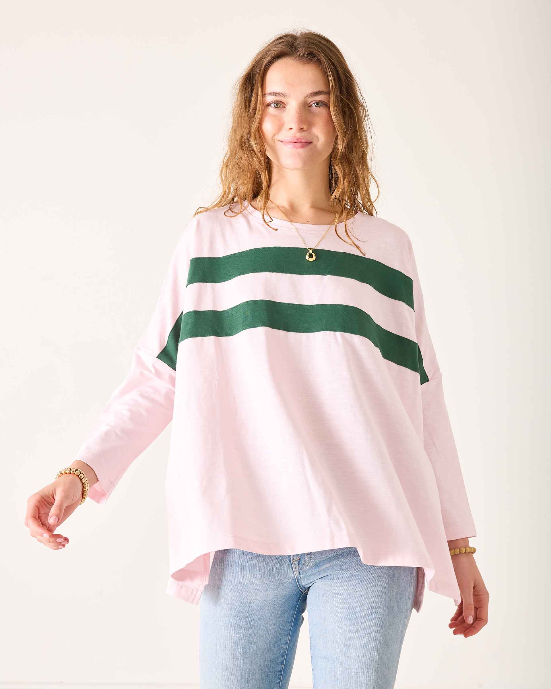 Women's Pink Green Striped Slub Tee