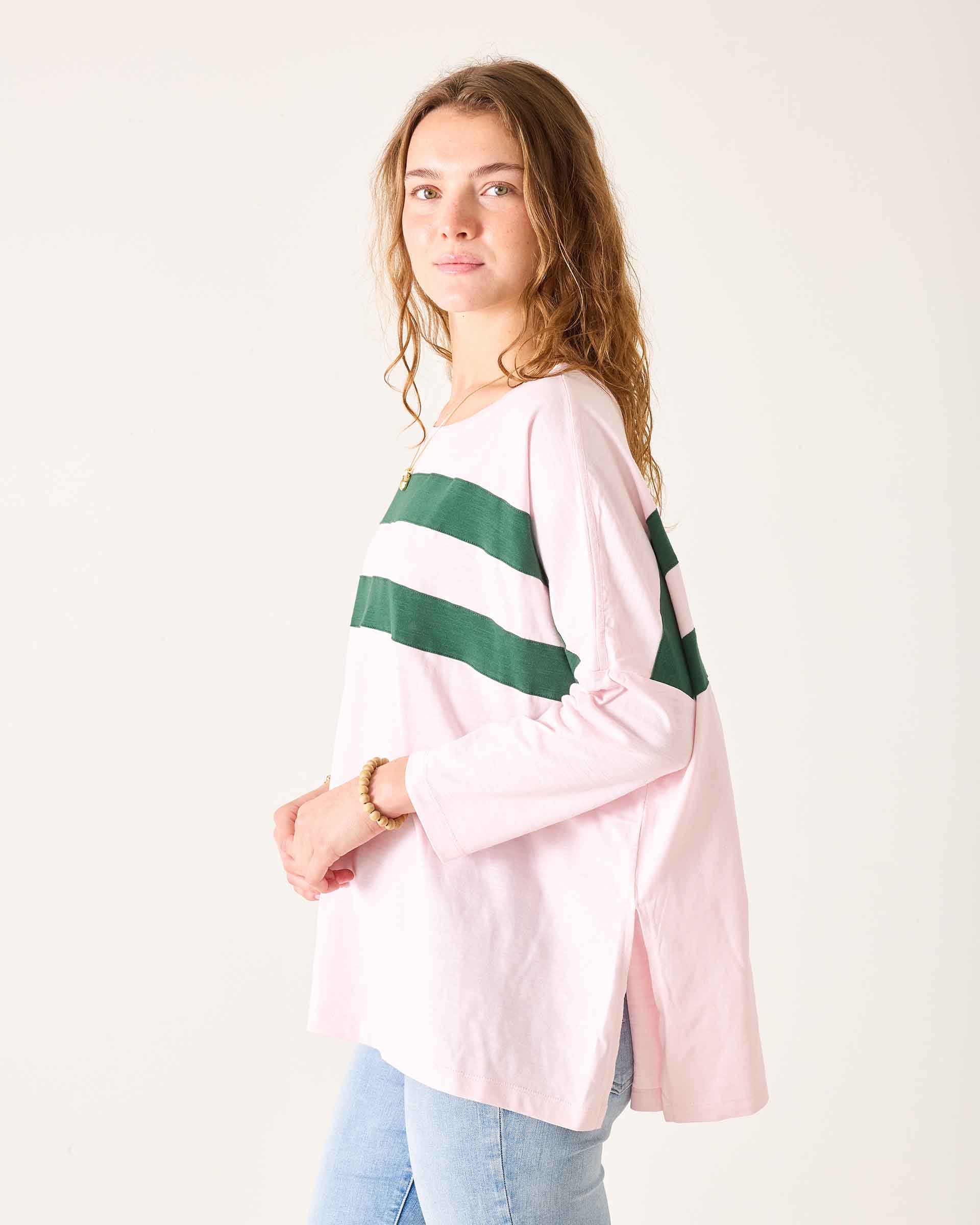Women's Pink Green Striped Slub Tee