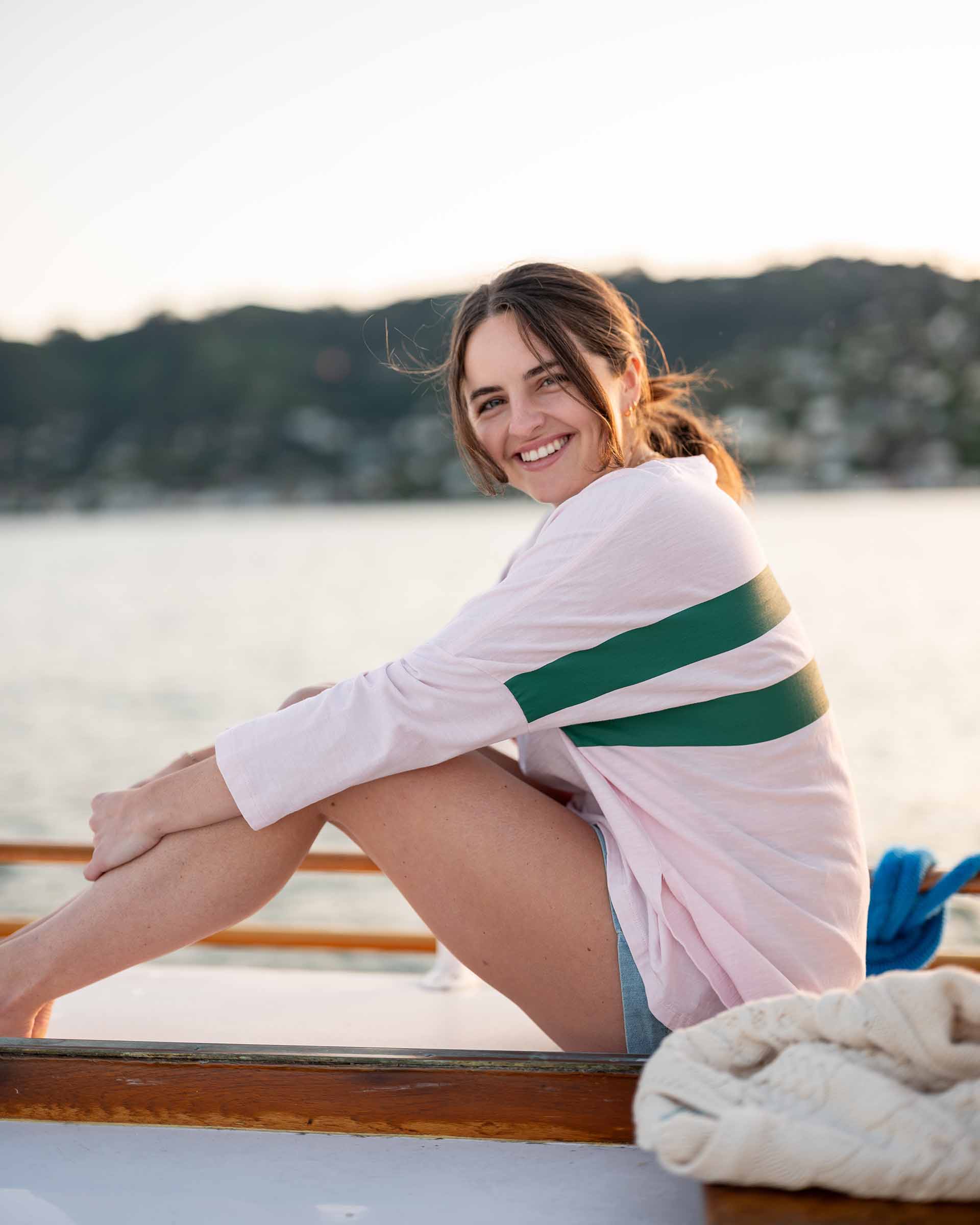 Women's Pink Green Striped Slub Tee