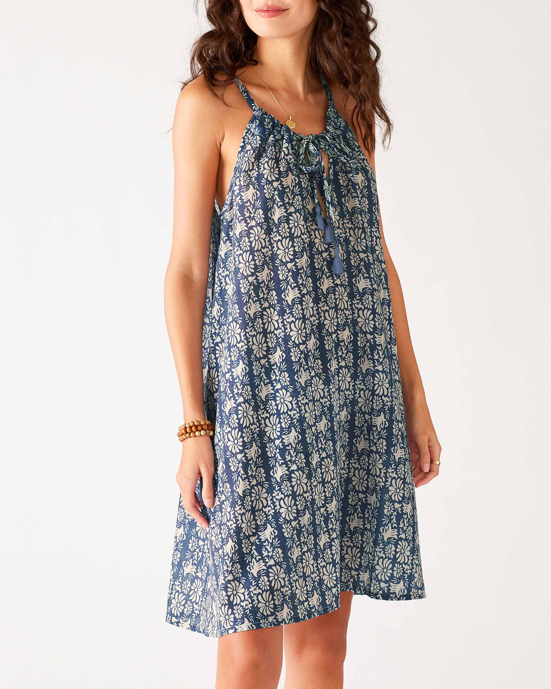 Women's Navy Floral Lightweight Knee Length Patio Drawstring Light and Breezy Dress Front View