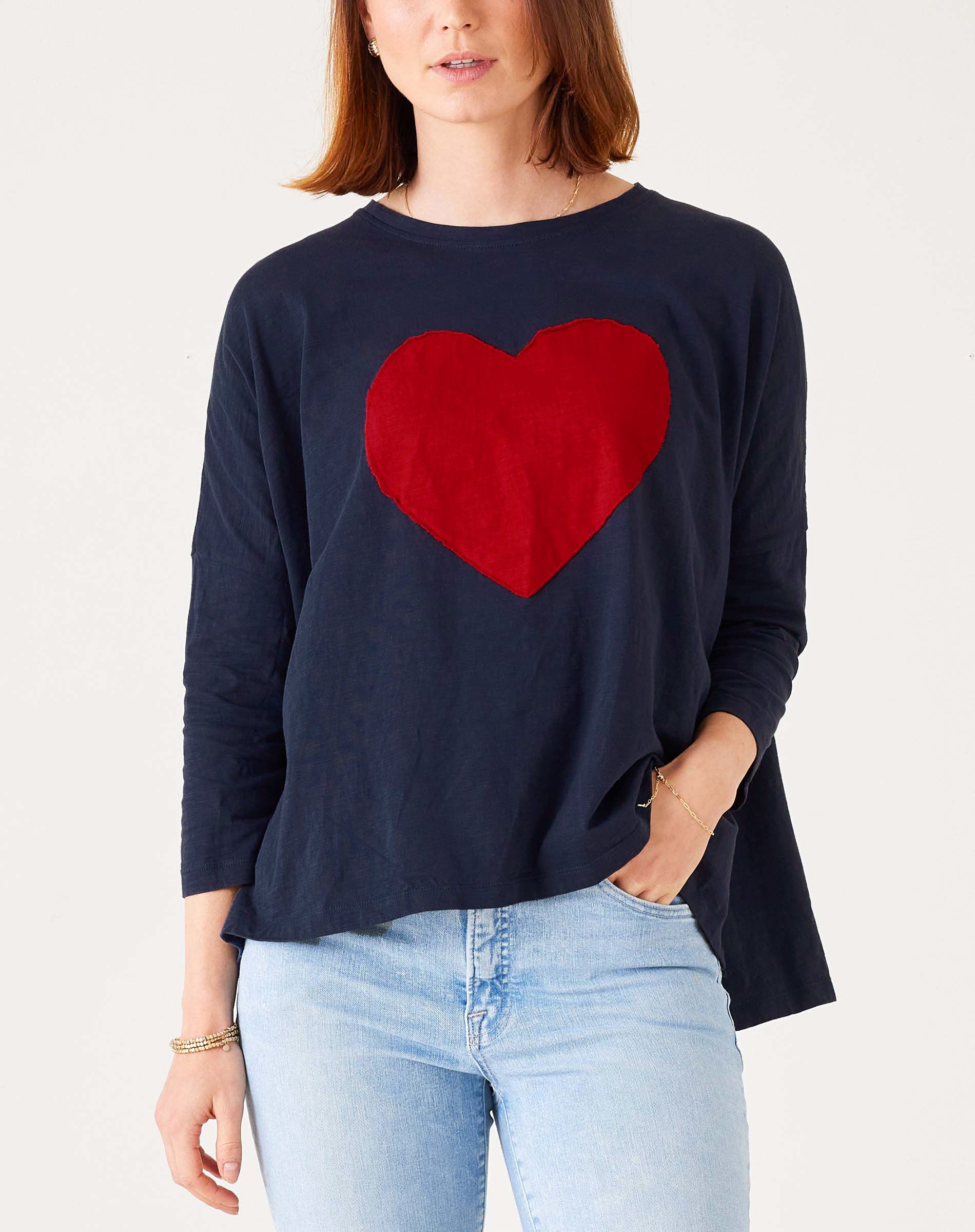 Women's Navy Oversized Slub Tee With Red Heart