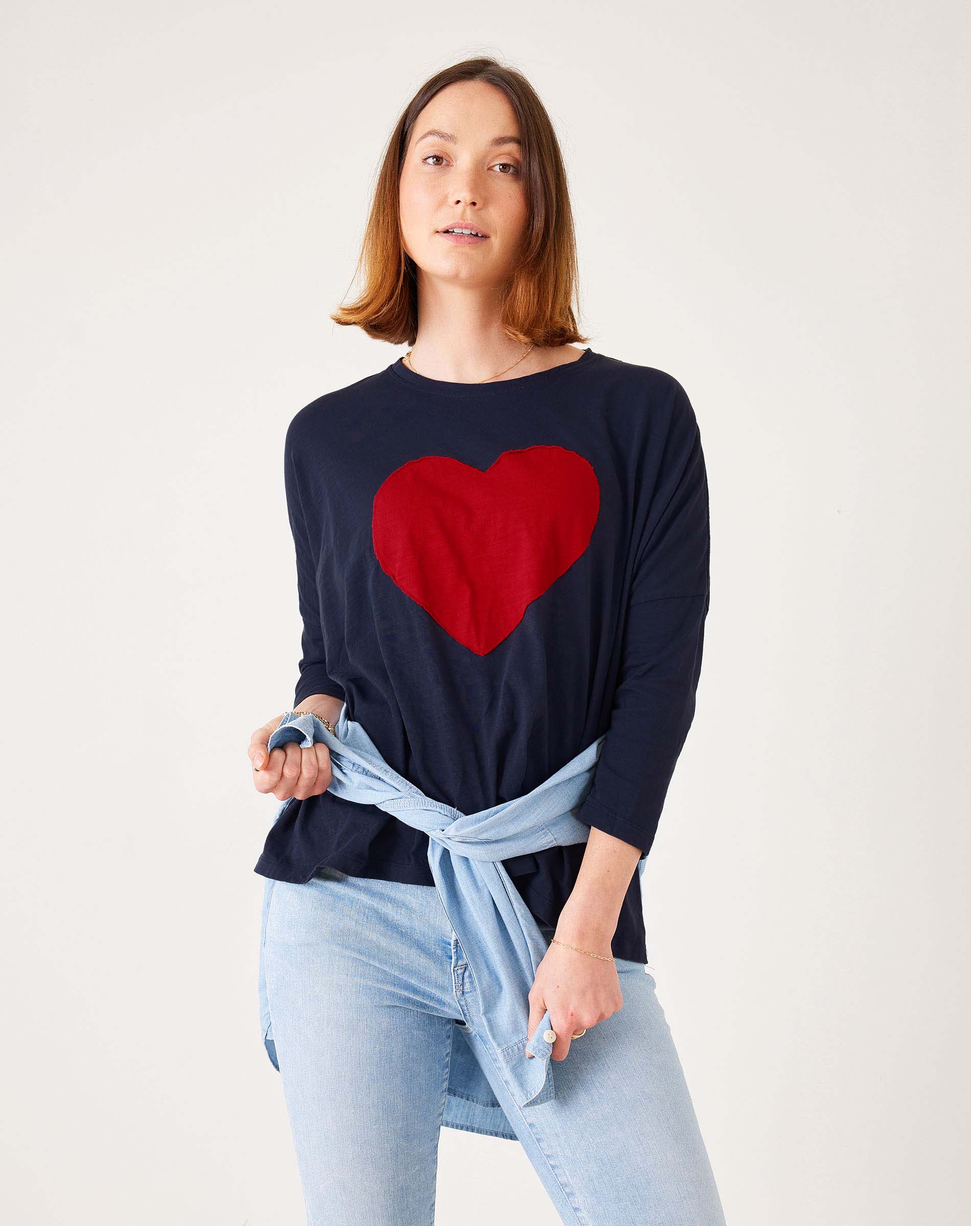 Women's Navy Oversized Slub Tee With Red Heart
