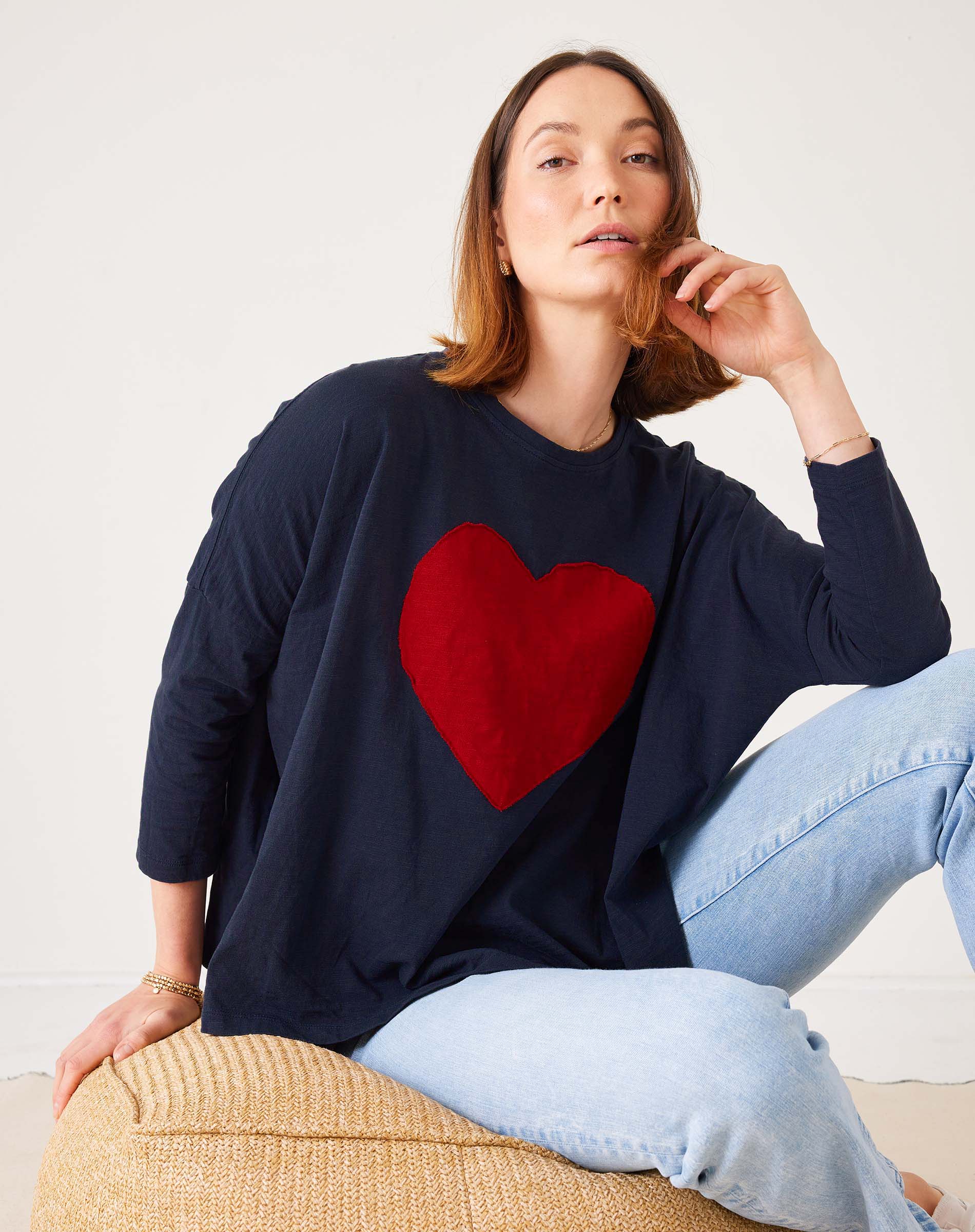 Women's Navy Oversized Slub Tee With Red Heart
