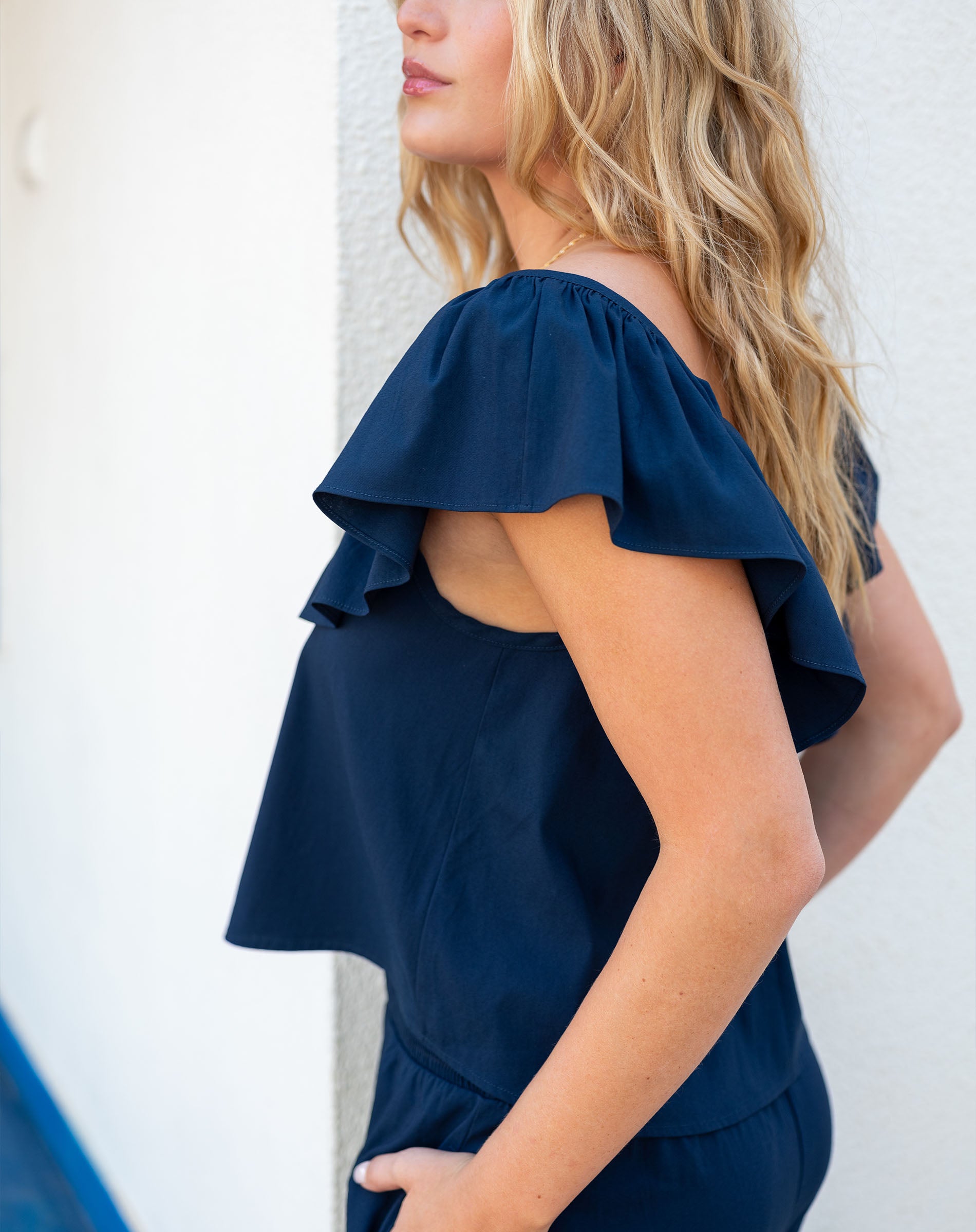 Women's Navy Ruffle Top