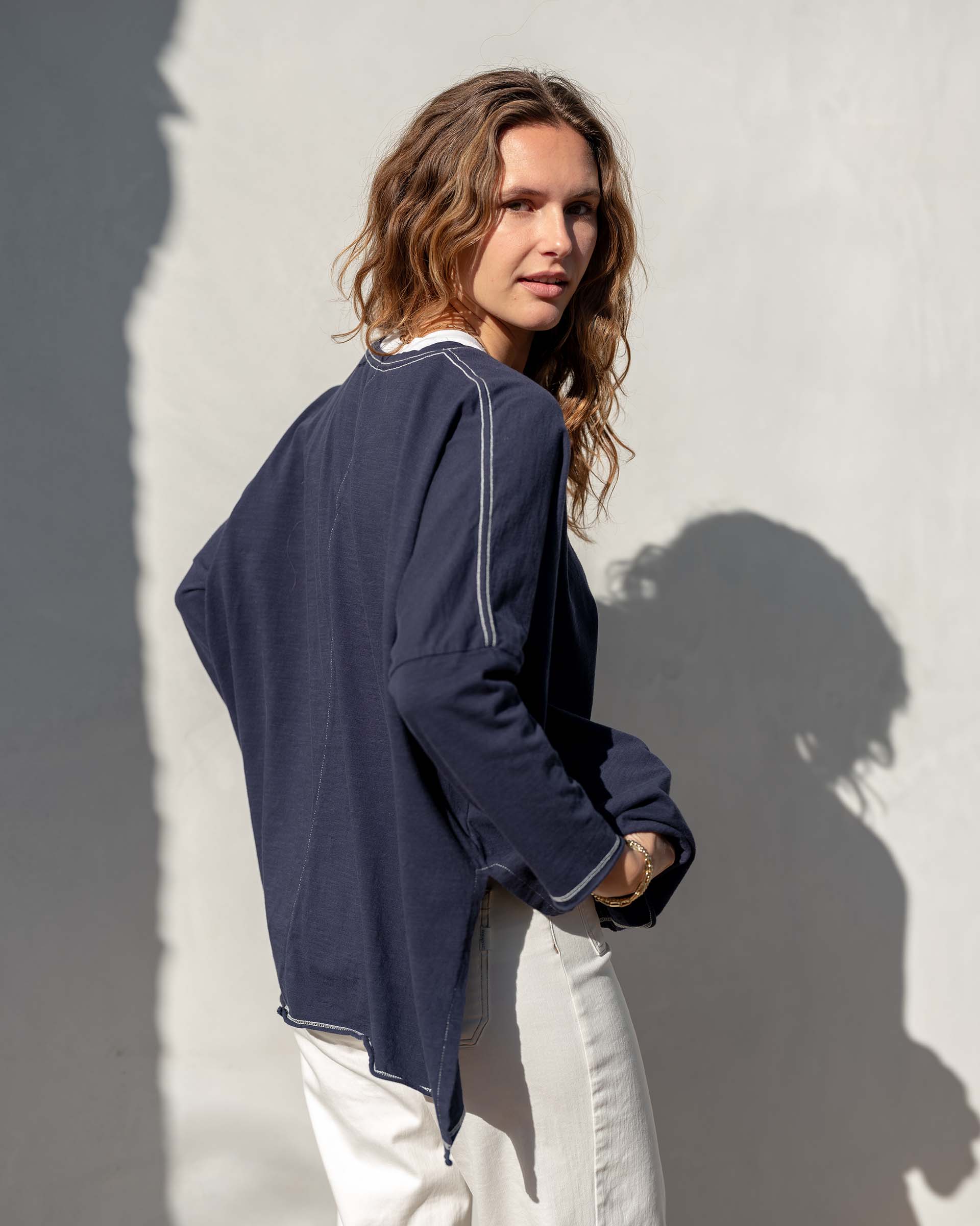 Women's Navy Slub Tee One Size Side Slits