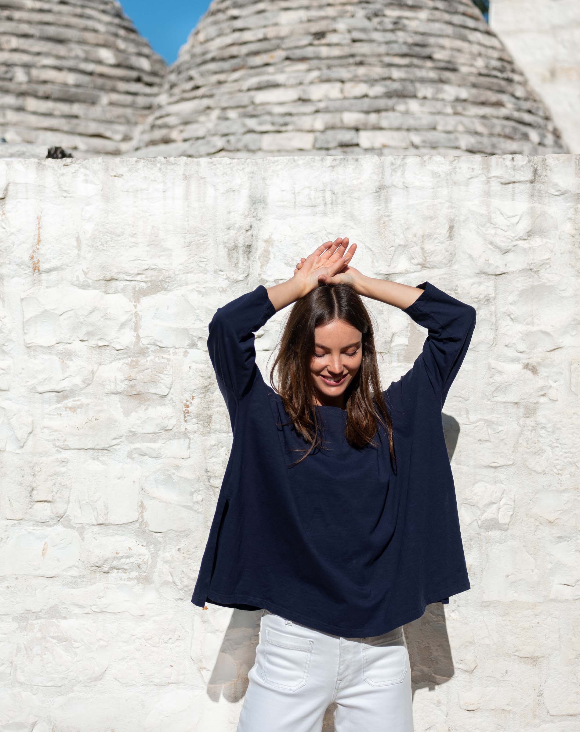 Women's One Size Tee in Navy Travel Destination Drape of Fabric