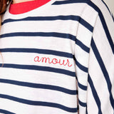 Women's Navy Striped Oersized Slub Tee with Amour Stitched