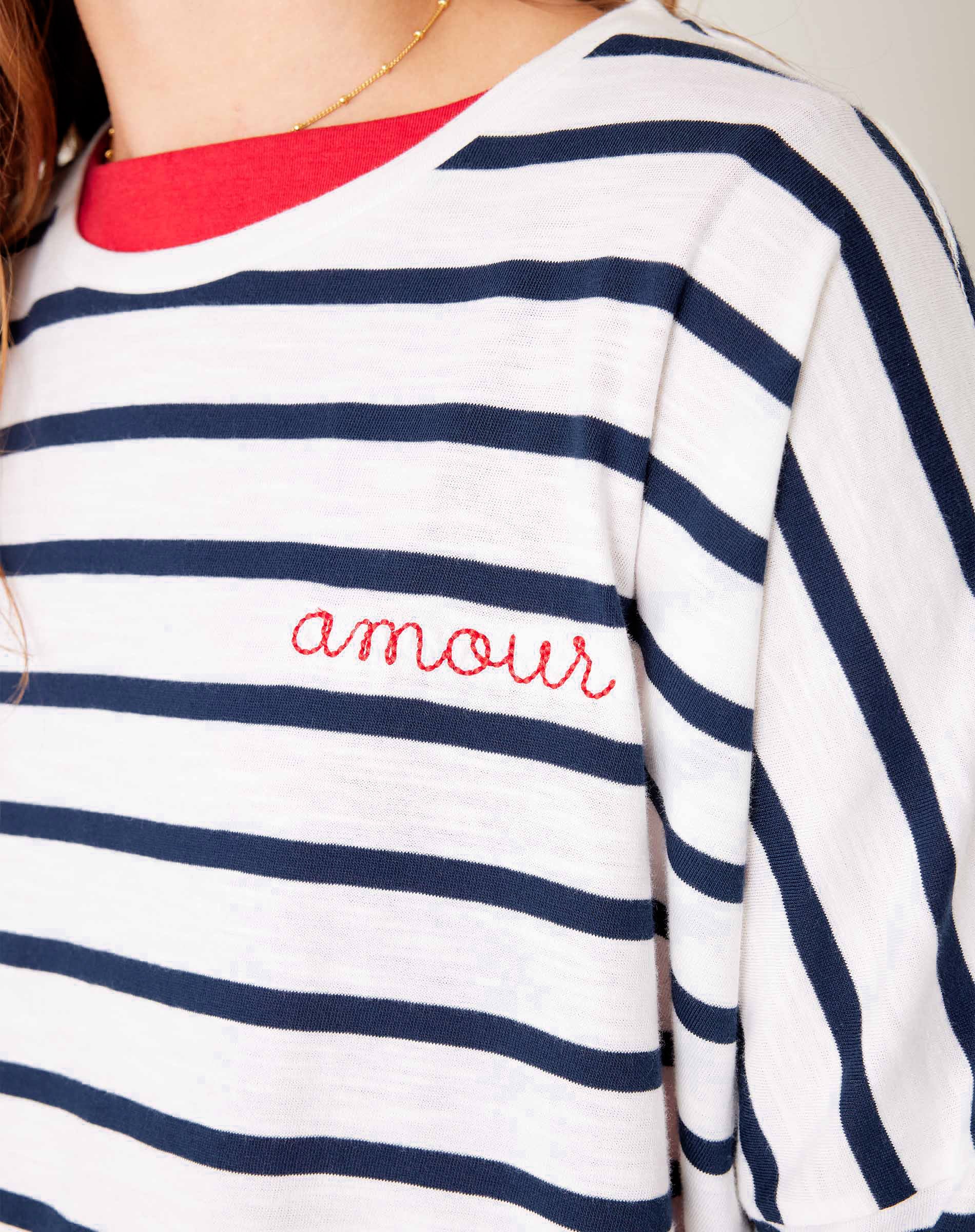 Women's Navy Striped Oersized Slub Tee with Amour Stitched