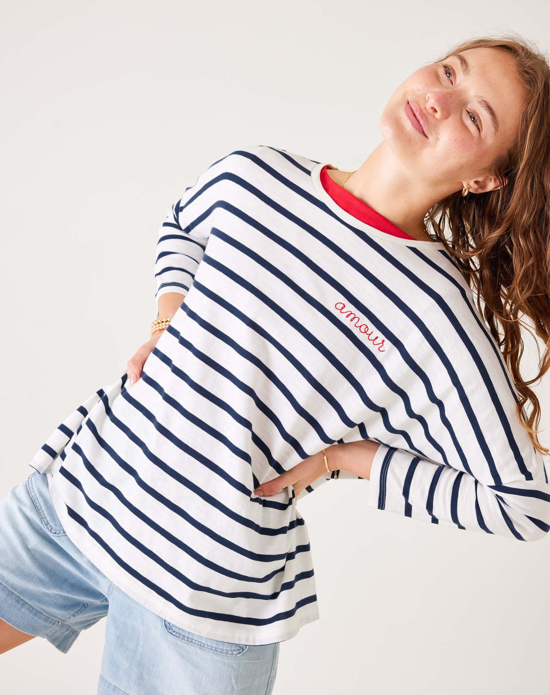 Women's Navy Striped Oersized Slub Tee with Amour Stitched