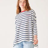 Women's Navy Striped Oersized Slub Tee with Amour Stitched