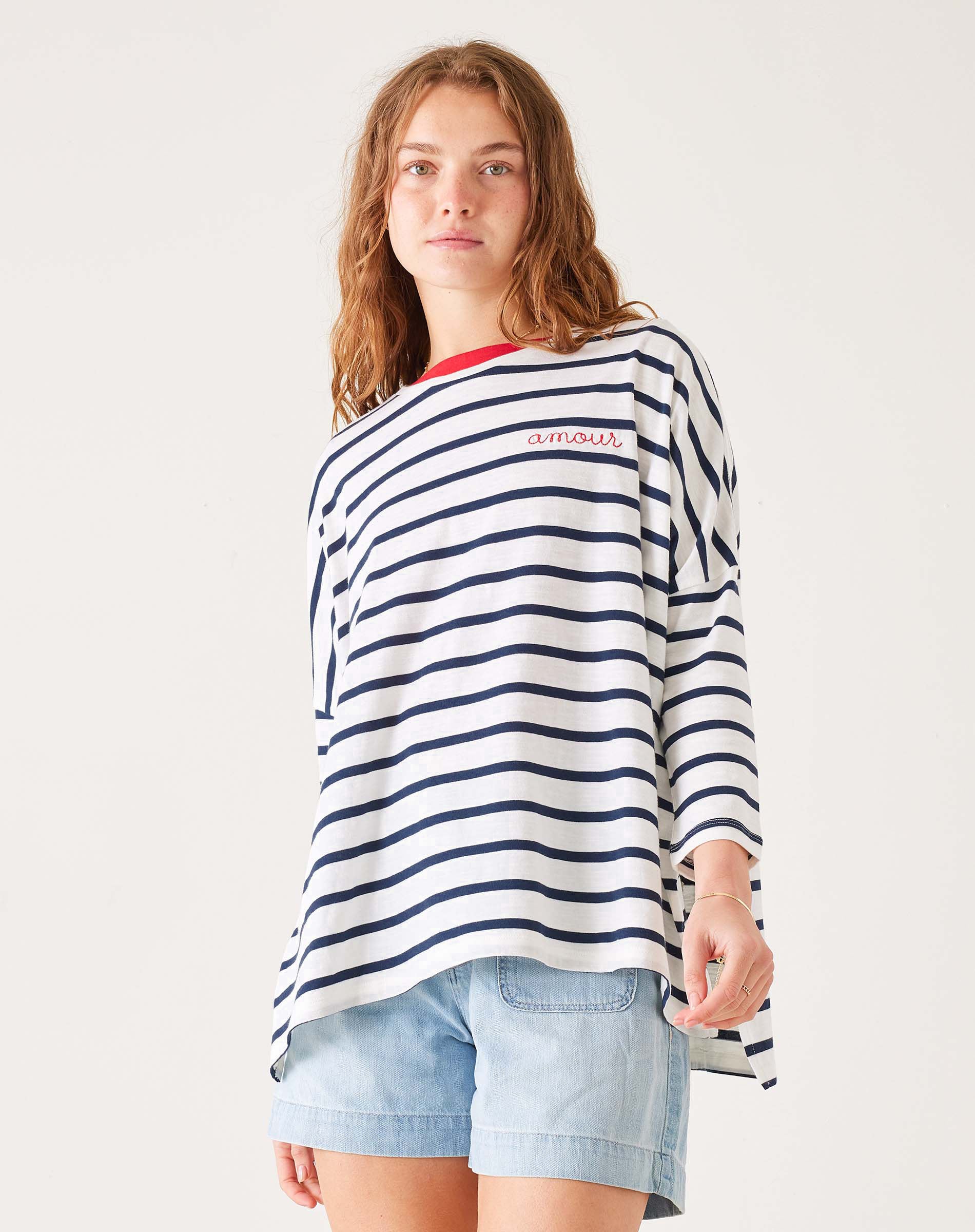 Women's Navy Striped Oersized Slub Tee with Amour Stitched