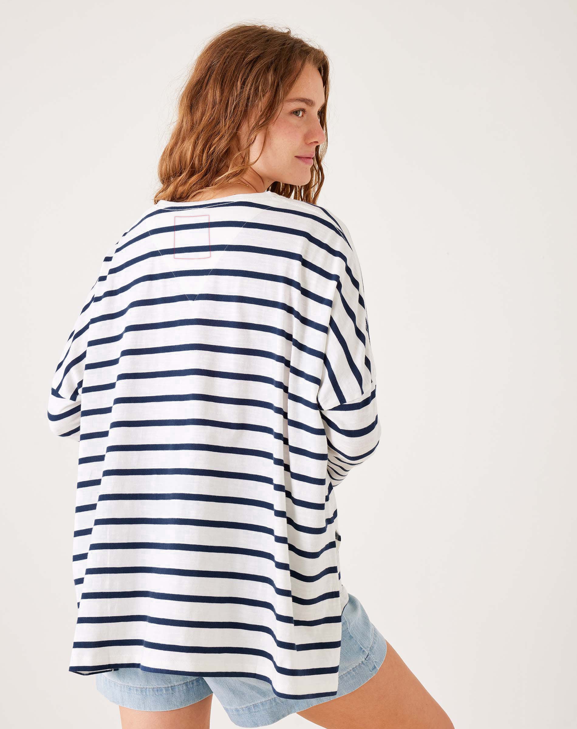 Women's Navy Striped Oersized Slub Tee with Amour Stitched