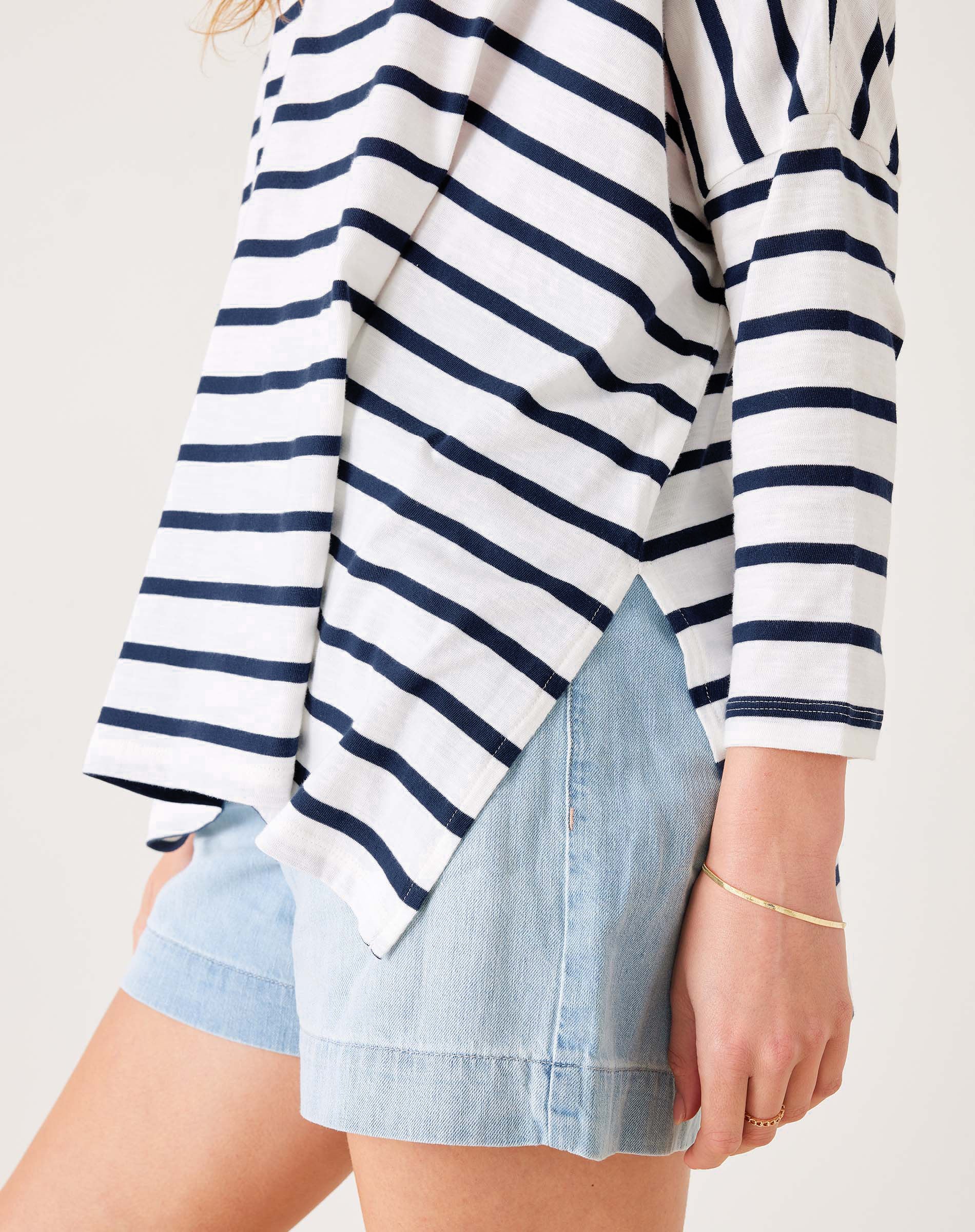 Women's Navy Striped Oersized Slub Tee with Amour Stitched