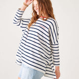 Women's Navy Striped Oersized Slub Tee with Amour Stitched