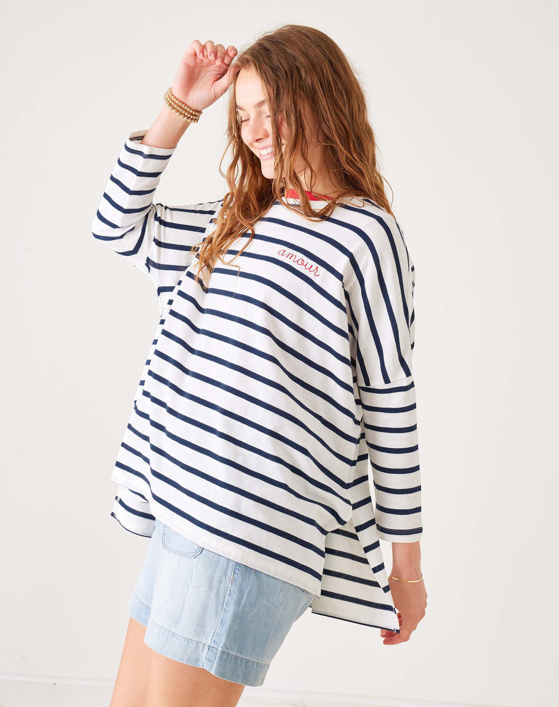 Women's Navy Striped Oersized Slub Tee with Amour Stitched