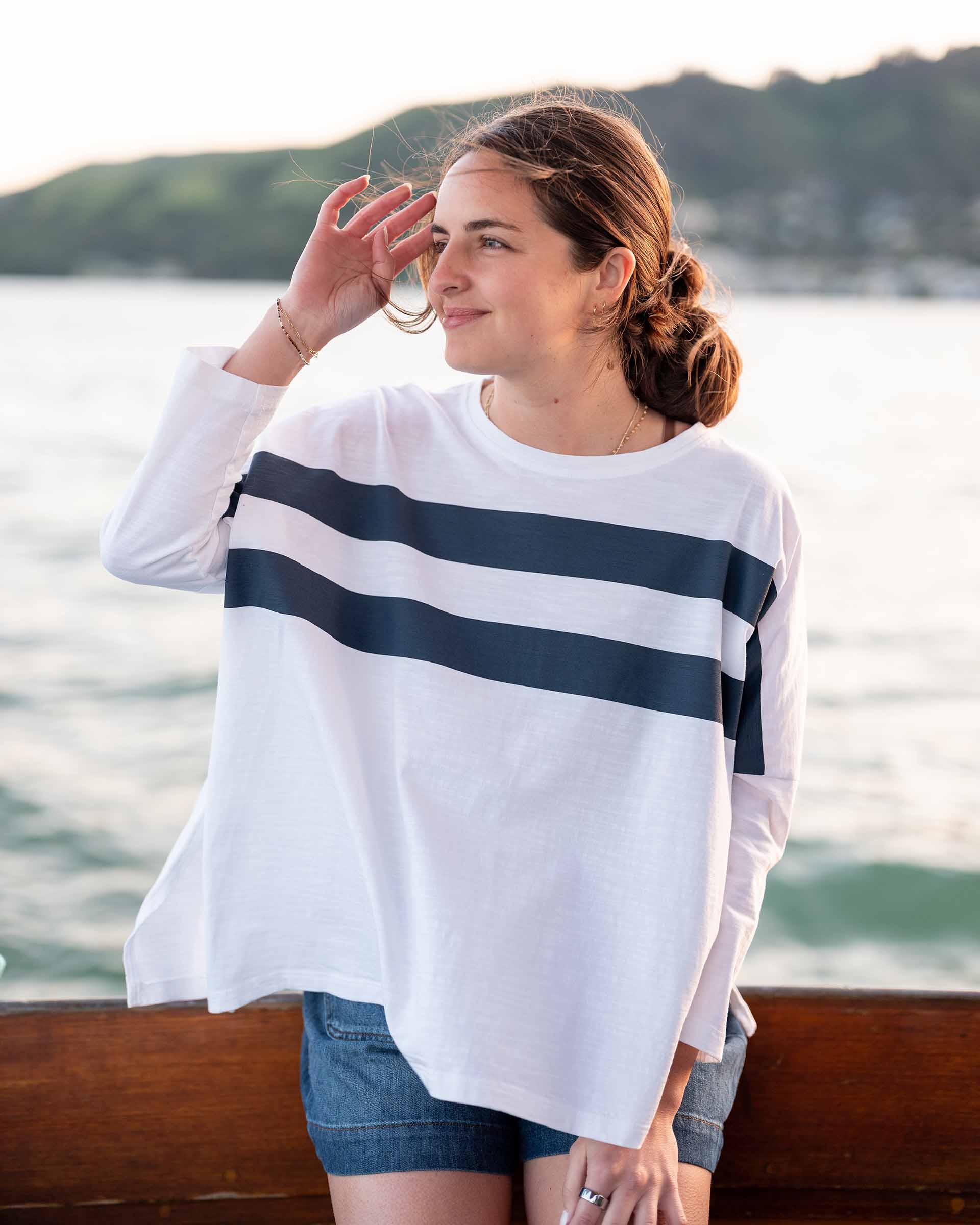 Women's White Navy Striped Slub Tee
